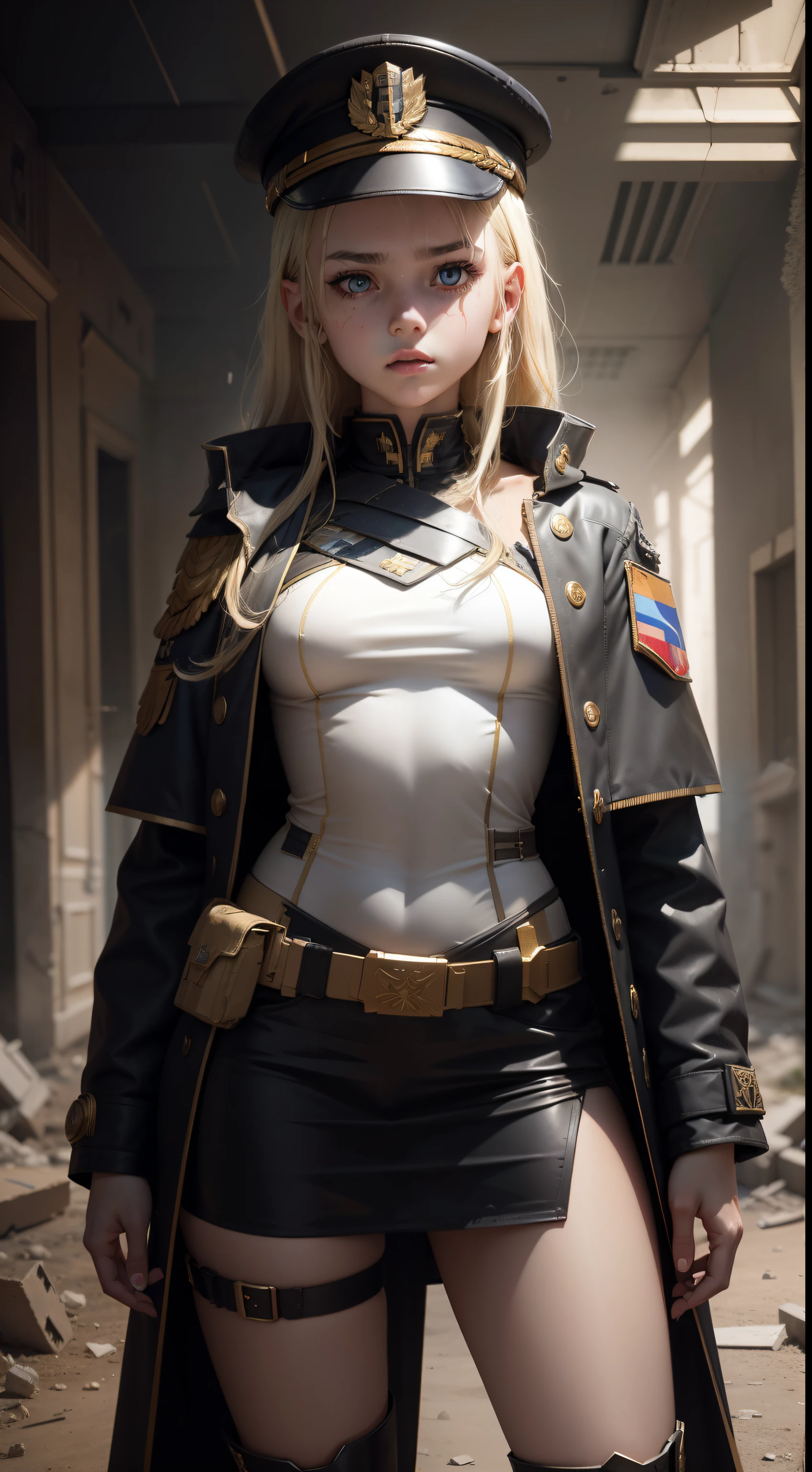Destroyed towns,3 Ukrainian girls , Ukrainian anime girls , , Ukraine , Full body composition of young girl with messy bright blonde hair, eye make up, 13 year old, Soft lighting, Solo, Old torn dirty shabby futuristic military uniform, badges, Pose, Blotch color, Octane Render, Hyperrealistic intricate detail, Cinematic, 8K resolution, 70mm, Accent Lighting, Global Illumination, Full body portrait, clean detailed faces, intricate clothing, Cute face, flat chest, Slim waist, Slim legs, small hips,Major's uniform,Major's hat,Holding a handgun,Long jacket,Carrying a cloak,actionpose,Fancy Action,