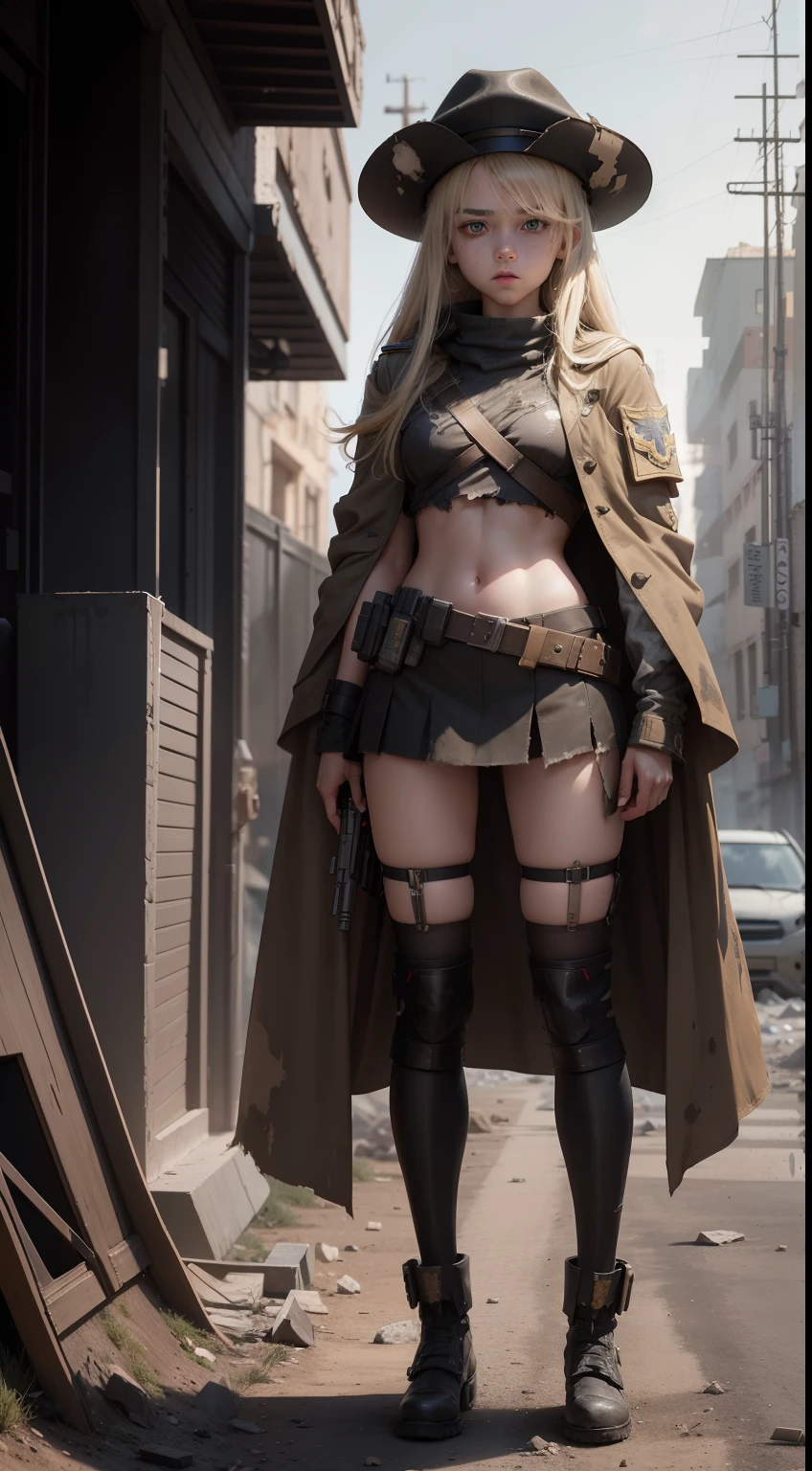 war in ruined city、1 Female Soldier、a blond、Hold a big gun、black and yellow clothes、Exposure of thighs and buttocks、Stand with your legs open、look back and smile、Broken Bill、hiquality