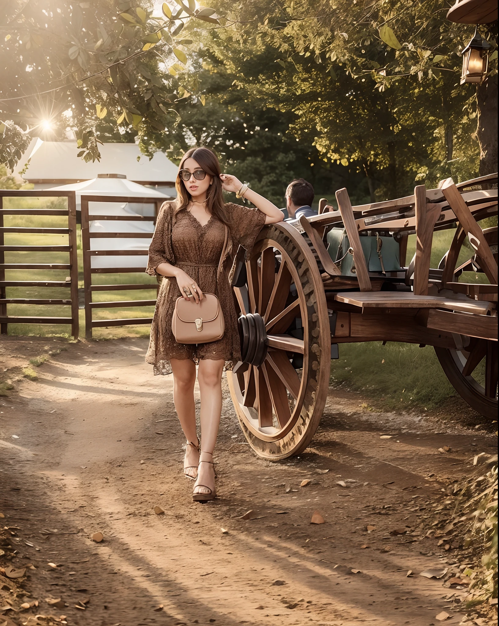 there is a woman standing next to a wooden cart with a horse drawn carriage, wearing in a summer dress, in lace brown dress, 🤬 🤮 💕 🎀, at a park, in a park, outfit photo, posing, full body photogenic shot, wearing an elegant tribal outfit, photoshoot, shot on iphone 1 3 pro max, taken on iphone 14 pro ,mask glasses 🤓