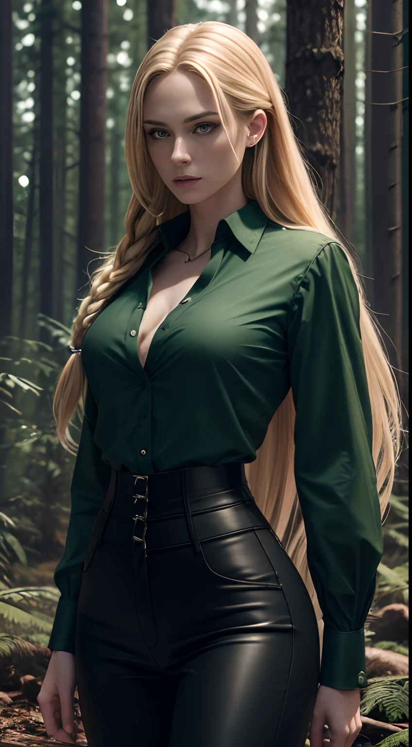 (A beautiful 25 years old British female vampire mercenary:1.4), (single-braided blonde hair:1.2), (pale skin), (detailed dirty skin:1.4), (serious face), (wearing dark green loose button shirt and black tight pants:1.4), (waist up shot:1.2), view from front, (dynamic action pose:1.2), (chiaroscuro lighting:0.8), (pine forest at night:1.2), photo realism, intricate face detail, intricate hand details, highly detailed, vibrant colors, cinematic, 8k, trending on Artstation--style raw