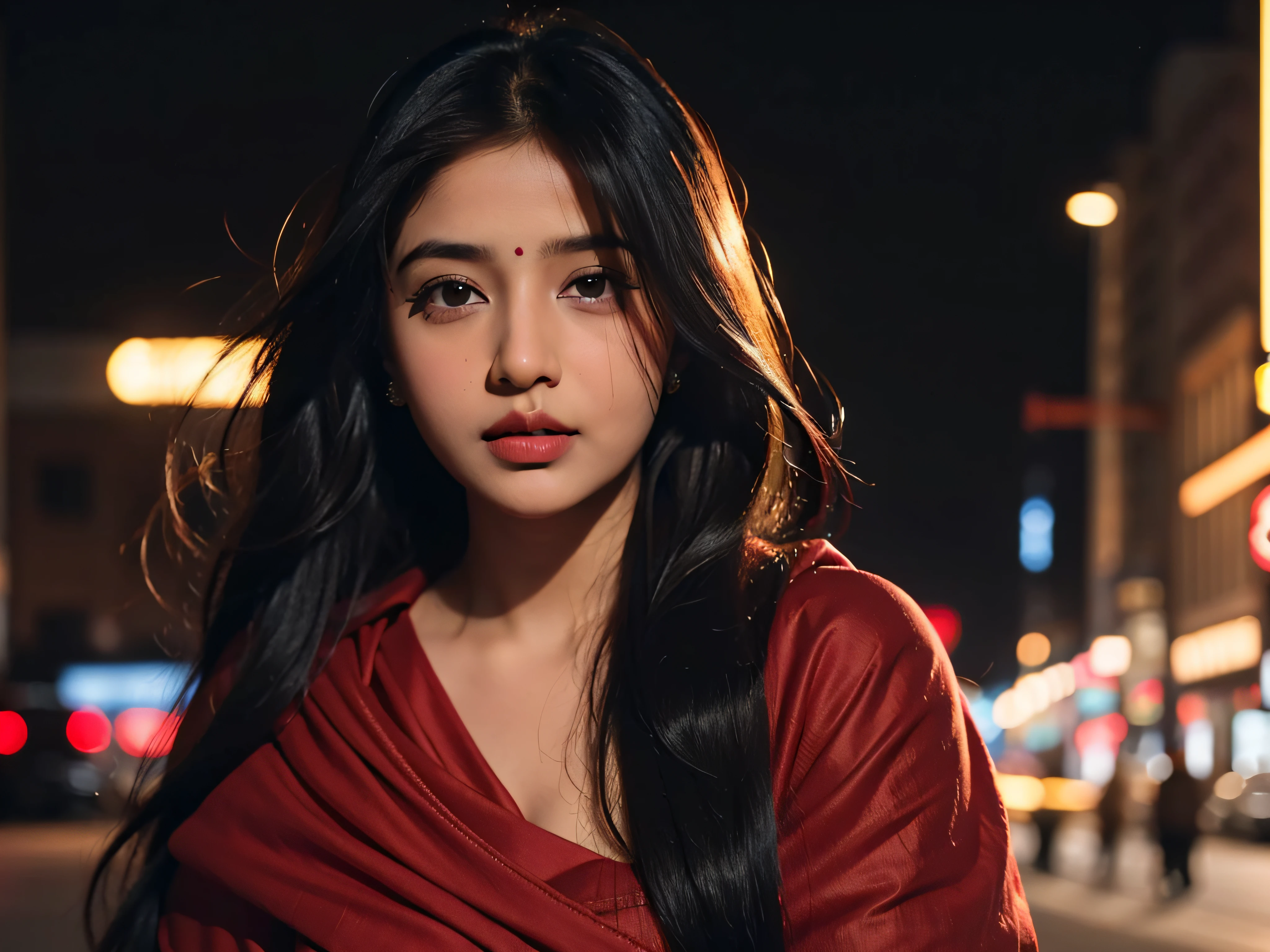 (((desi girl))), chubby face, natural skin, wearing hot deep red neck top and dupatta, charming really long blonde hair, ((hair ends are black)), city streets background, bokeh