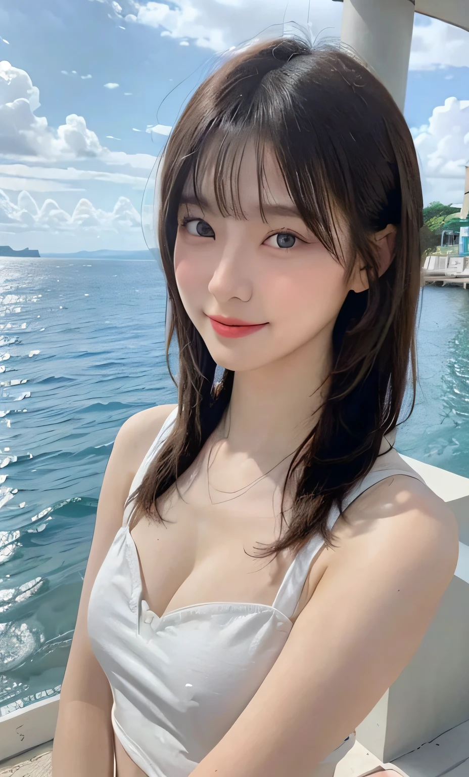 ((top-quality、8K、masterpies:1.3))、1girl in、Beautiful woman with slim abs accent:1.3、Super boobs:1.4)、Super Detail Face、Delicat eyes、二重まぶた、Soft breasts、facial expression of smile、Ultra exposed cleavage、swim wears、poneyTail、brown haired、20yr old、mare、Sea background、mare、real looking skin