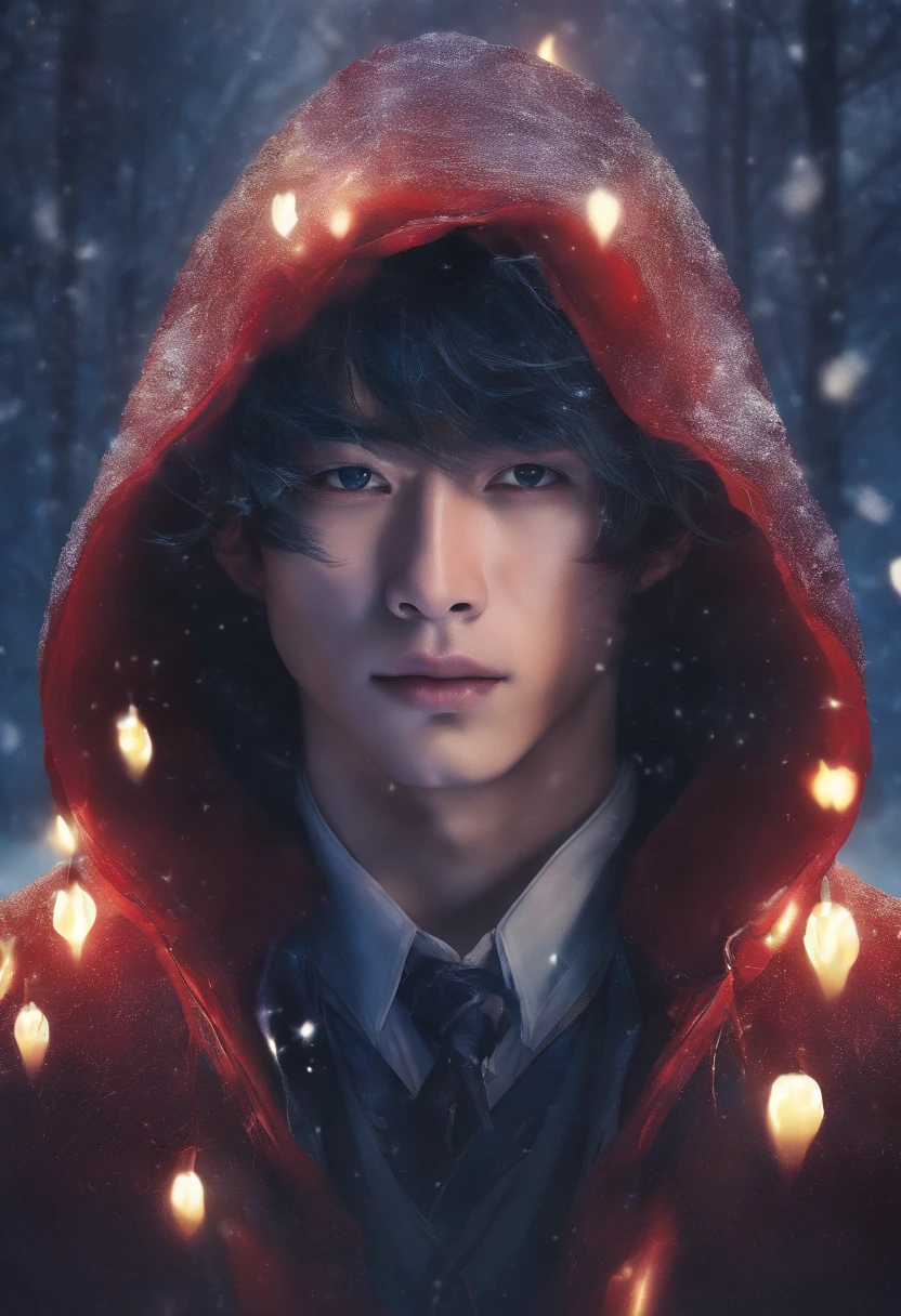 Winter lights, winter setting, Masterpiece, Young Korean idol boy in Focous shot, Korean male,Full body size, Christmas theme, With gray eyes, Vertical pupils, forest, whaite hair, Cold look, Lightweight, modern clothing, Pale skin, colorgrading, Lighting illustration, the person in the middle, Extreme quality, Radiant, Extremely detailed, Ultra-detailed face, Ultra HD 8K, ultra digitality, Mythical, Winter night lightning, Concept art portrait by Greg rutkowski, Art germ, ultra - detailed, intricate art, Fantasy style, triadic colours, Fantastical, intricately details, Splash screen, complementary colours, fantasy concept art, 8K resolution, Deviantart's masterpiece, Oil painting, Heavy strokes, Soft lighting, Film photography, analogue photography, filmgrain, anna dittmann, hyper photorealism, oil dripping,Boy,Male, Korean idol male face, Men with short hair,