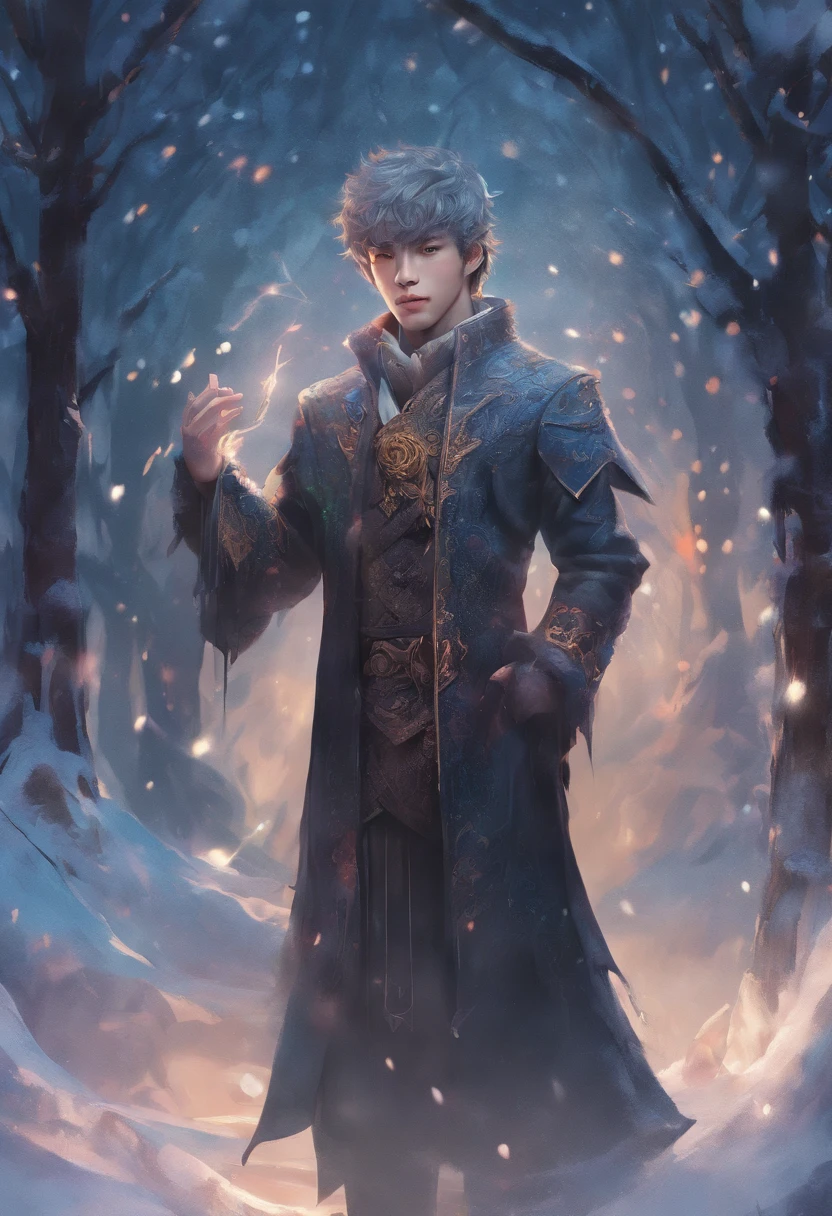 Winter lights, winter setting, Masterpiece, Young Korean idol boy in Focous shot, Korean male,Full body size, Christmas theme, With gray eyes, Vertical pupils, forest, whaite hair, Cold look, Lightweight, modern clothing, Pale skin, colorgrading, Lighting illustration, the person in the middle, Extreme quality, Radiant, Extremely detailed, Ultra-detailed face, Ultra HD 8K, ultra digitality, Mythical, Winter night lightning, Concept art portrait by Greg rutkowski, Art germ, ultra - detailed, intricate art, Fantasy style, triadic colours, Fantastical, intricately details, Splash screen, complementary colours, fantasy concept art, 8K resolution, Deviantart's masterpiece, Oil painting, Heavy strokes, Soft lighting, Film photography, analogue photography, filmgrain, anna dittmann, hyper photorealism, oil dripping,Boy,Male, Korean idol male face, Men with short hair,