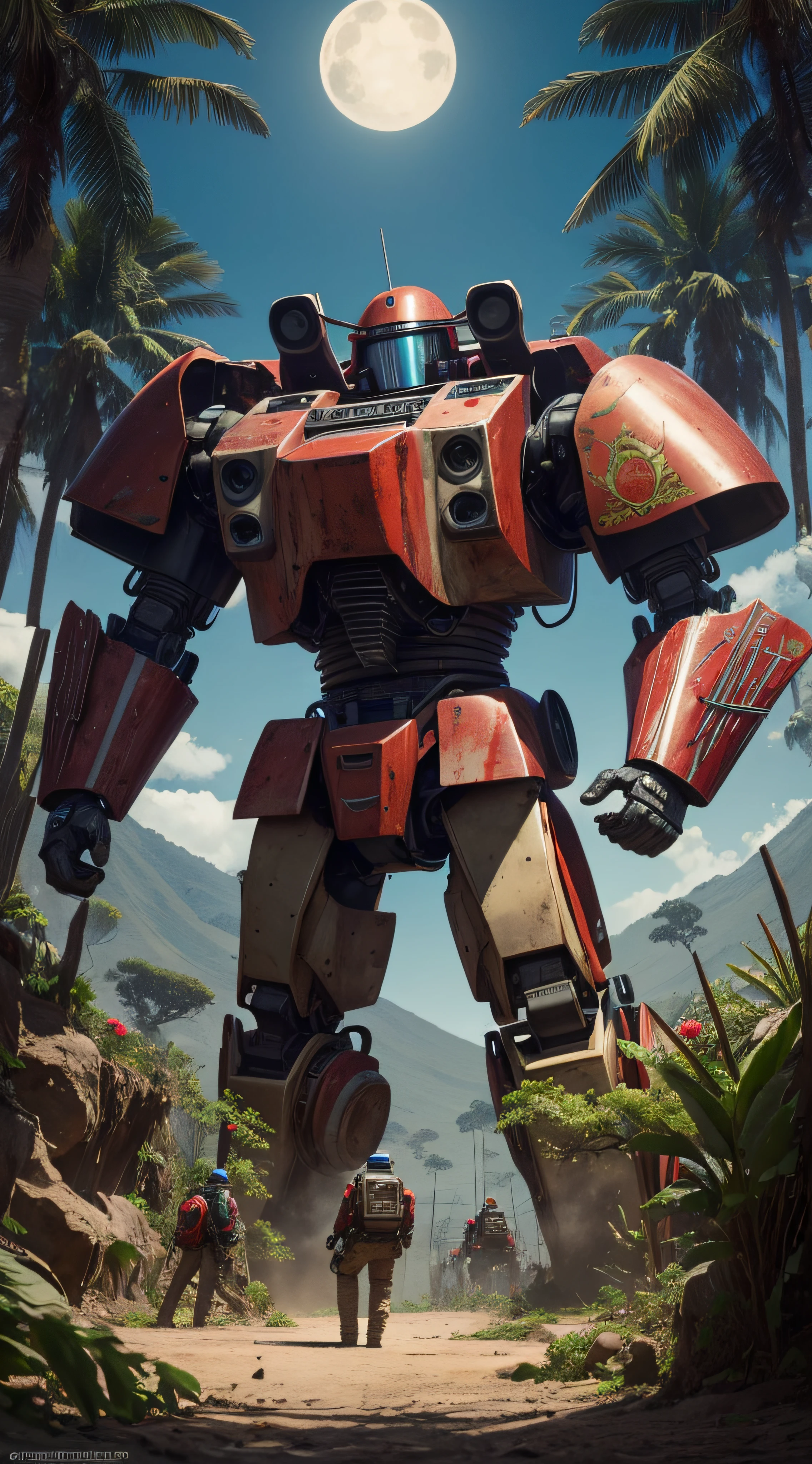 (extremadamente detallado, obra maestra, La mejor calidad, foto antigua, principios de siglo, VHS Aesthetics) Great retro robot with blood in robotic hands. Armas grandes, cannons on his back. motosierras. In the middle of a strange jungle. Vegetables from another dimension. Epic flowers far away, organic trees with meat. Luz noche.