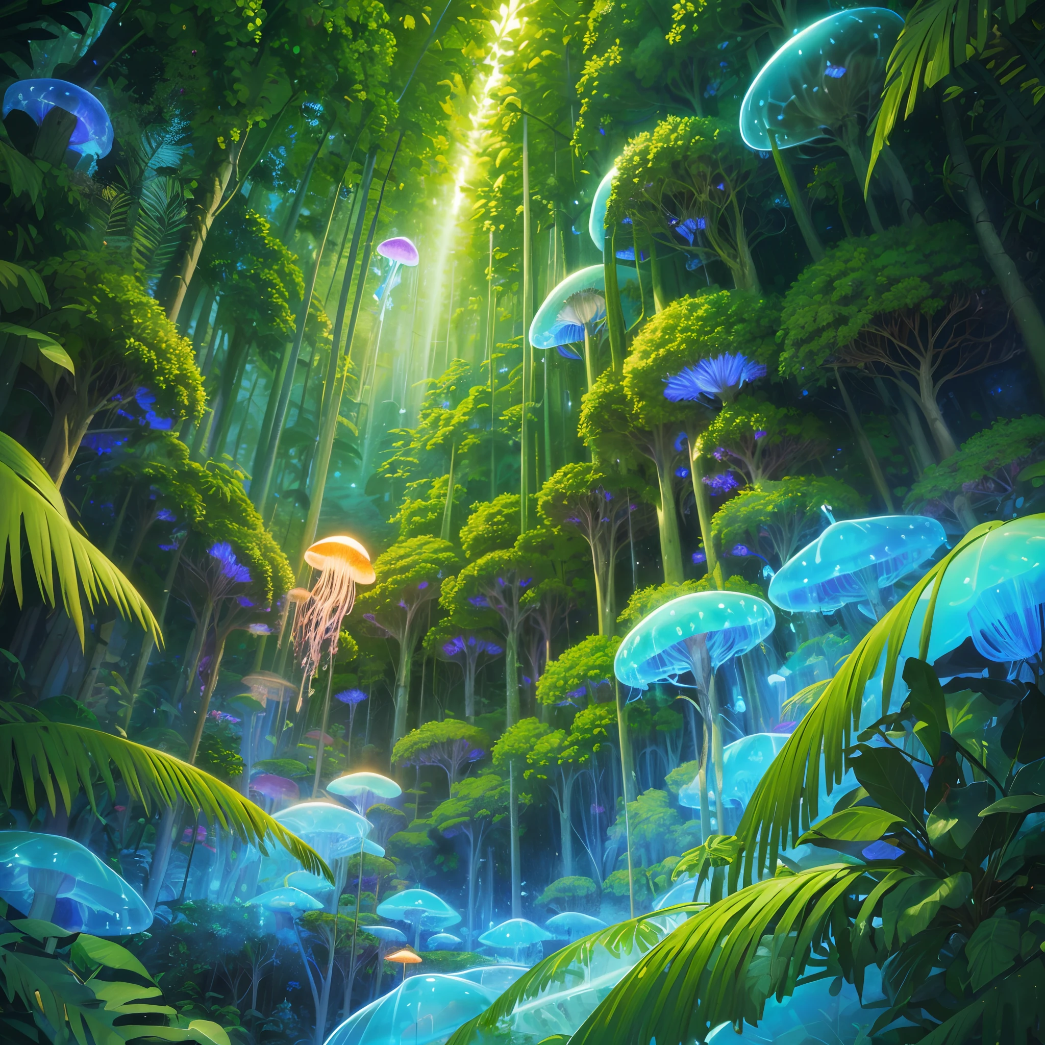 (Best quality), (masterpiece:1.3), (Animated Style Illustration:1.36), ultra-detailed, nature, Humidity in the rainforest, Untamed jungle, Dense jungle, where colorful jellyfish, float through the air. Fantastic jungle reflected by small jellyfish that emit light at night. Epiphytic plants, Detailed drawing. vivid colors. High image quality. Unmanned, Tropical rainforest forest,