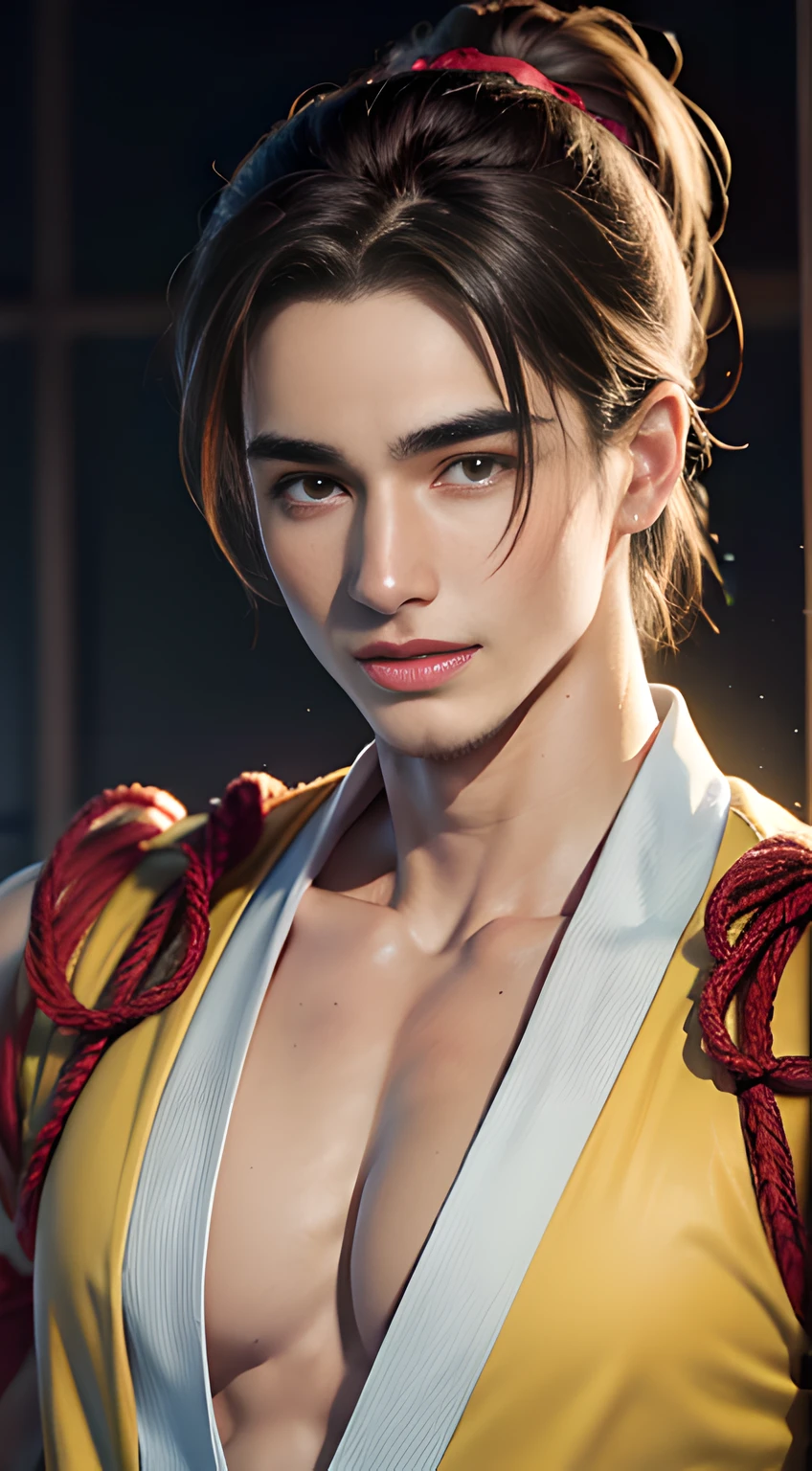 handsome SAMURAI in his 20s, Pietro Boselli, Ponytail, mischievous smile,