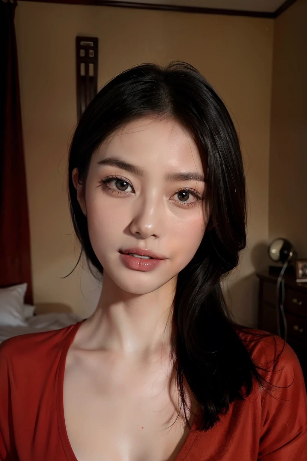 Fashion model 30 years old [[[[closeup cleavage]]]], [[[[boobgasm]]]], [[[[coll]]]], [[[[bshoulders]]]], perfect  eyes, Perfect iris，Perfect lips，perfect teeth，Perfect skin，with fair skin，Long face，slender nose，Soft front light，hdr，Movie girl，Black and red clothes，Casual，Ancient Chinese bedroom in the background，Ancient bed，（pastel colour：1.2）