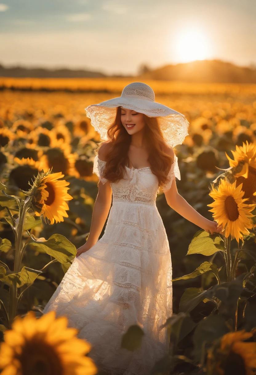 Fuwa Love Car,1girll,Solo, (White lace dress:1.2),floating dress (sunhat:1.2), Sunflower field, Under the sunlight, Light smile,view the viewer, Wind, Dynamic, Strong light and shadow,Dynamic pose,