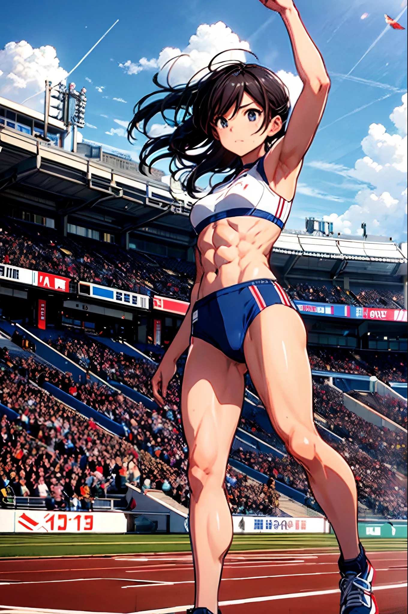 Stand at the starting line of the athletics stadium、There are beautiful muscular female athletes。Her muscles are trained.、There is a sense of tension in the air。When the sound of starter pistol firing rang out、She starts with explosive power。Instantly her muscles tightened、Legs kick the ground at high speed。The wind flutters her hair and uniform、Cheers and applause erupted from the stadium crowd。Her expression is full of concentration and determination.、It depicts a sprint to the goal。