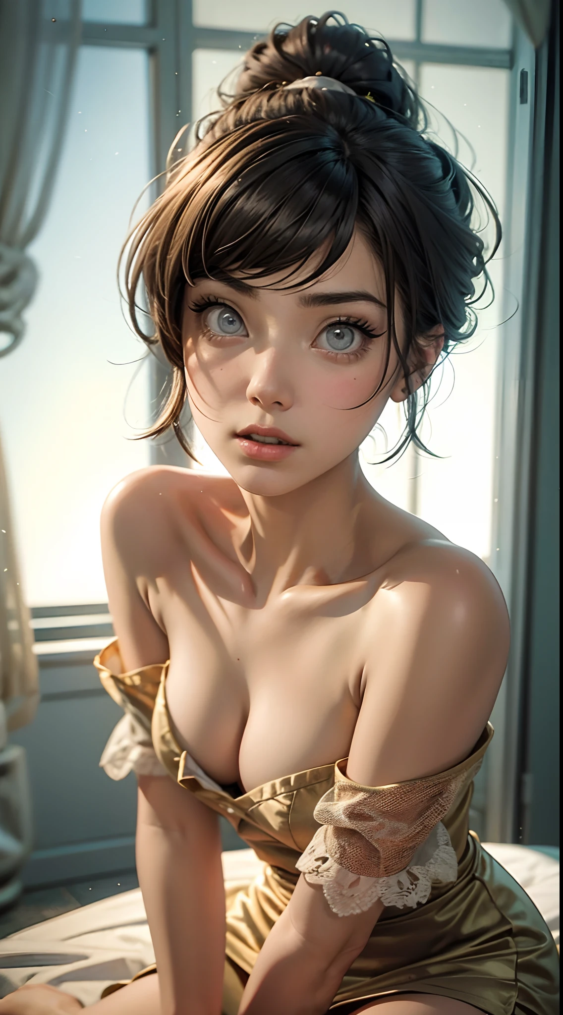 tiro de cima、monochrome tone、High detail、edge detection、agudeza、alto contraste、destacar、Uma jovem bonita、um rosto pequeno、um rosto pequeno、clivagem da mama、Vestidos off-the-shoulder、vestido simples、Luzes de aro、Cinematic light、ultra-grande angular、