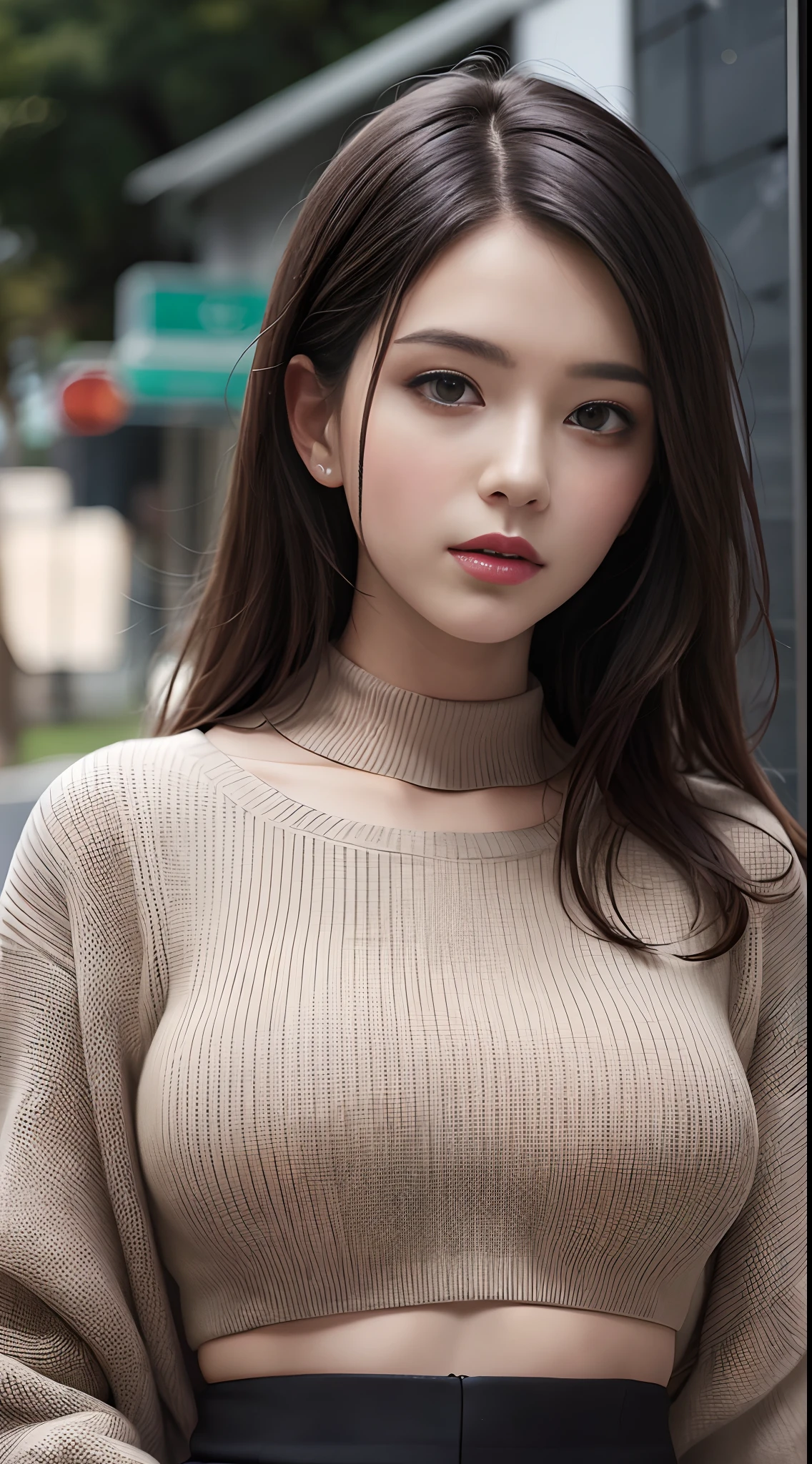 woman, Large breasts, facingviewer,fcPortrait, Cropped sweater, midriff, Sweater, 1girll, Detailed face, Suspended driveway, illustrated
