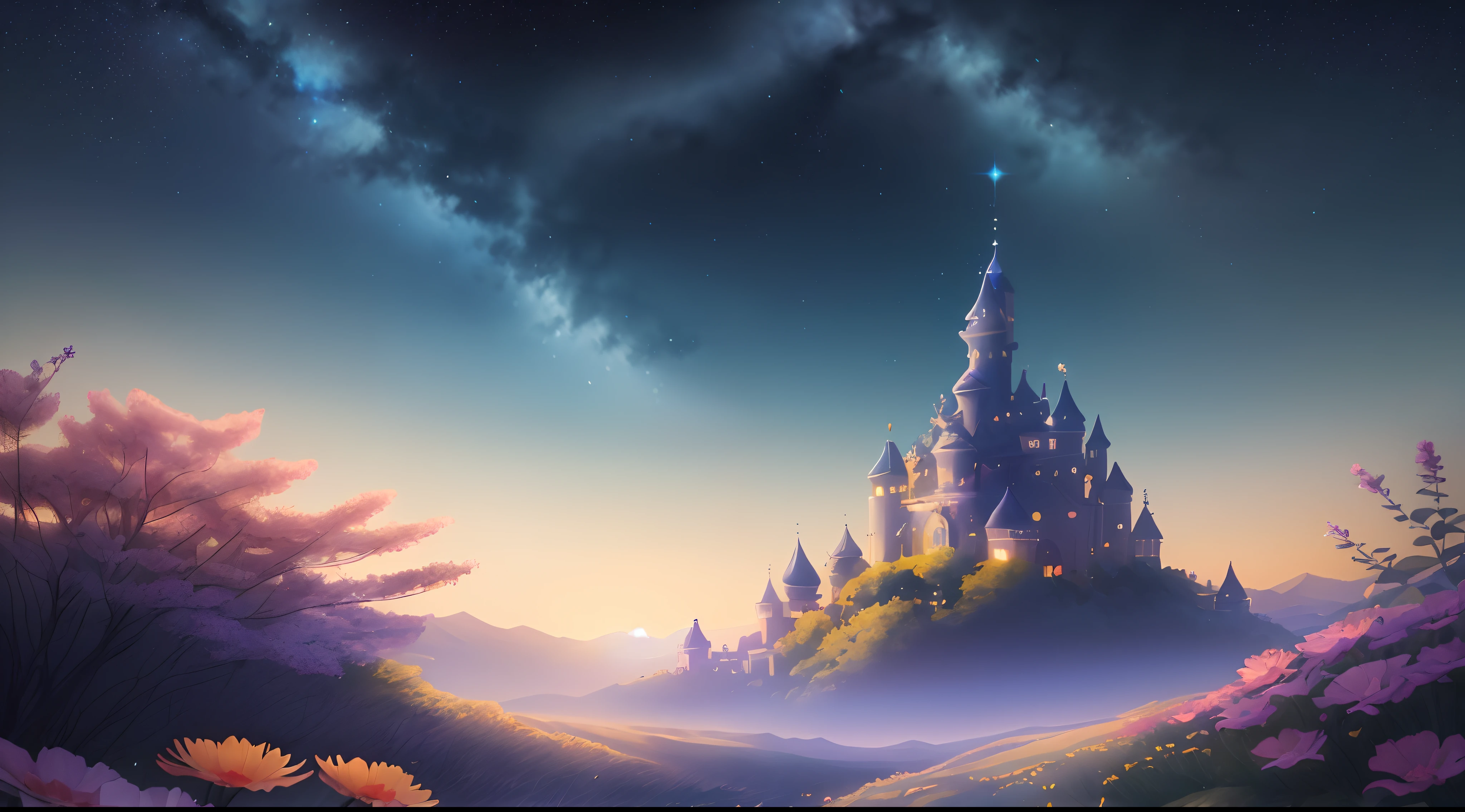 Beautiful flowers of cosmos, Cartoon Illustration, Sky with twinkling stars and bright color gradient. Immerse yourself in a mysterious world full of magical elements (Weighting by 0.9).4K