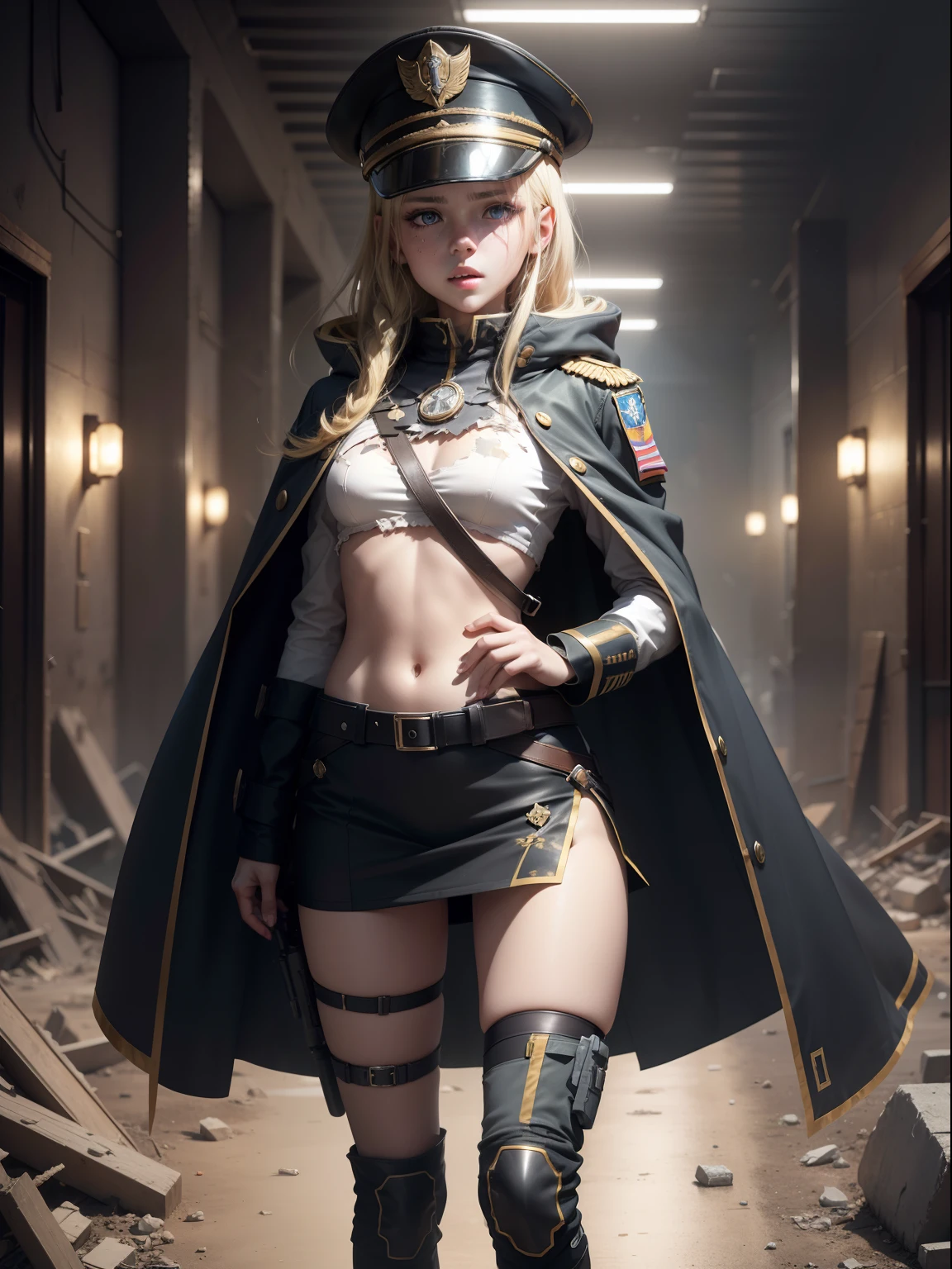 Destroyed towns,3 Ukrainian girls , Ukrainian anime girls , , Ukraine , Full body composition of young girl with messy bright blonde hair, eye make up, 13 year old, Soft lighting, Solo, Old torn dirty shabby futuristic military uniform, badges, Pose, Blotch color, Octane Render, Hyperrealistic intricate detail, Cinematic, 8K resolution, 70mm, Accent Lighting, Global Illumination, Full body portrait, clean detailed faces, intricate clothing, Cute face, flat chest, Slim waist, Slim legs, small hips,Black Special Forces Long Coat,Black beret,Lying in bed,Black panties,