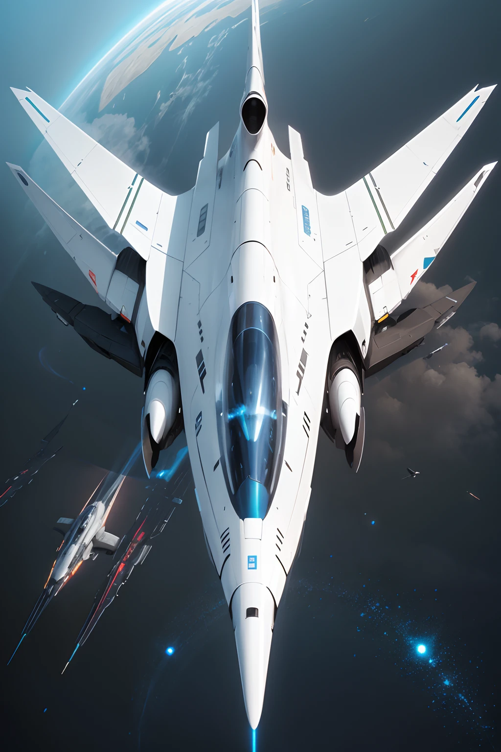 Futuristic fighter, Slick design, a streamlined shape, Maneuverability, high-speed fuselage colorwhite, Exudes a sense of futuristic technology, Equipped with energy weapons and laser cannons, The background is outer space, Panoramic view from directly above., three sided view