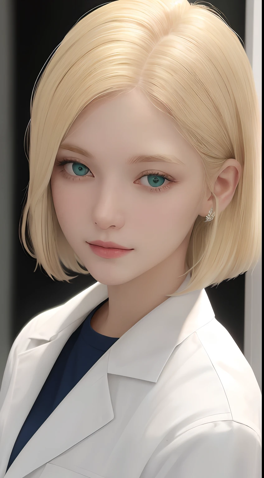 a close up of a person in a uniform , white uniform,  with a lab coat, wearing lab coat and a blouse,have blonde hair and green eyes, medium hair