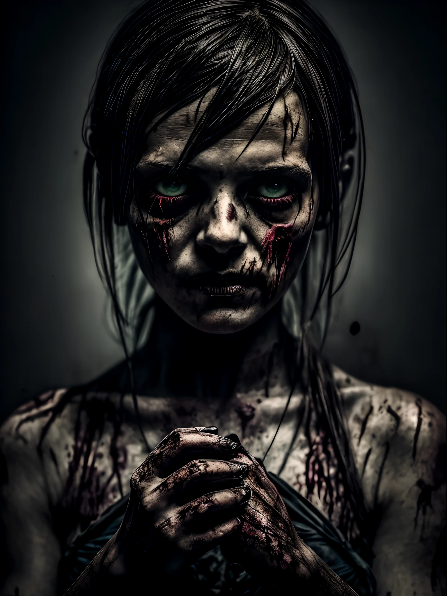 A photograph of a macabre zombie girl with ashen skin, bloodshot eyes, and decaying flesh, set against a dimly lit background shrouded in eerie shadows. Detailed Eyes. The composition emulates a haunting and sinister atmosphere, emphasizing dark and moody tones with hints of sickly greens and purples, invoking a sense of foreboding. The girl's bony fingers are depicted clawing at her torn, tattered clothing, adding a sense of desperation to the image. masterpiece, high details, best quality, HD, realism.