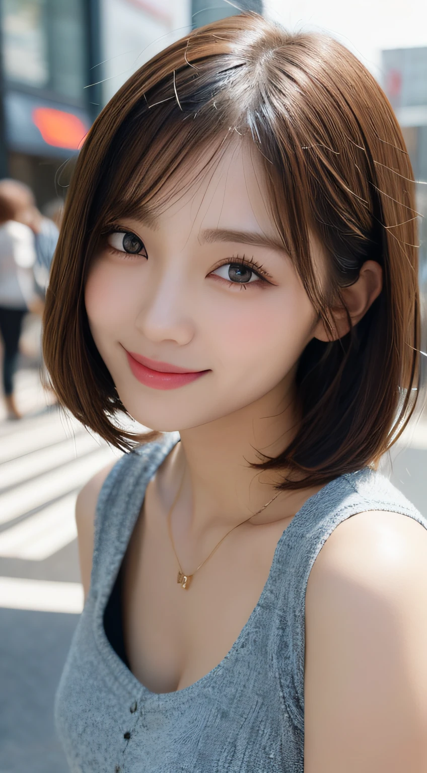 masutepiece, Best Quality, Illustration, Ultra-detailed, finely detail, hight resolution, 8K Wallpaper, Perfect dynamic composition, Beautiful detailed eyes, Women's Fashion Summer,Short bob hair,mid-chest, Natural Color Lip, Bold sexy poses,Smile,Harajuku、20 years girl、Cute、Sexy shot looking at camera