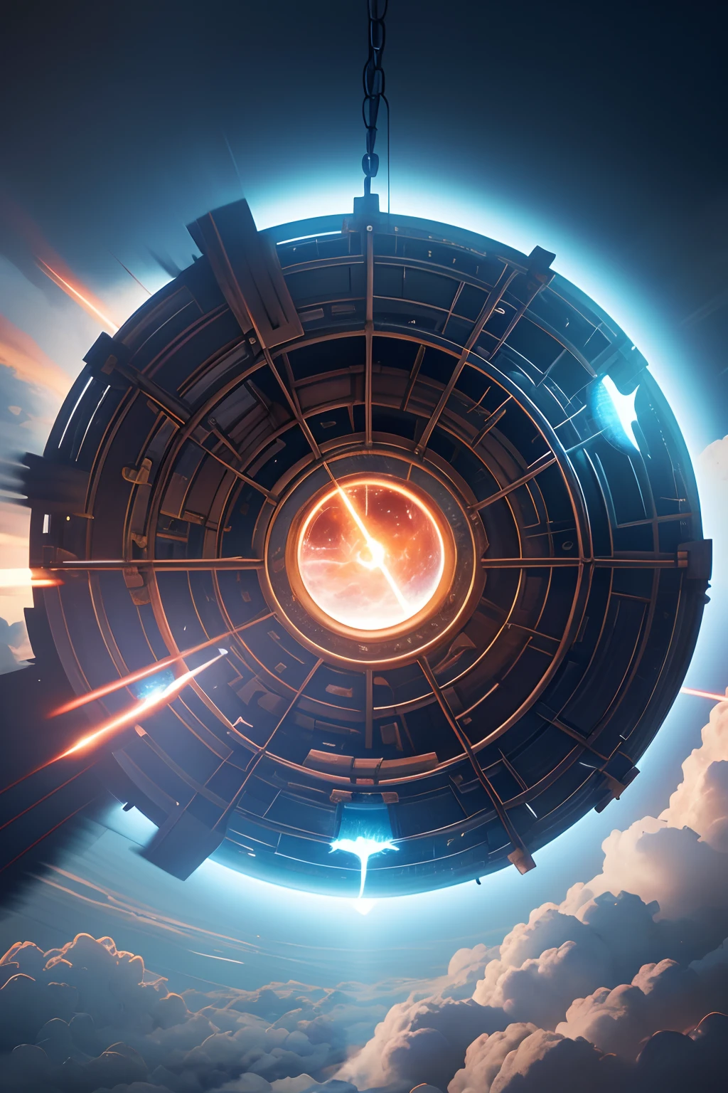 A very dynamic scene. 1200 years. fantasy world. Giant vintage rusty gear flies through time and space. The Wheel of Destiny. Very close-up. view from bottom. Flying through the clouds, sparks, Blue Flame. super realistic. Cinematic. Blurred background in motion. Light haze