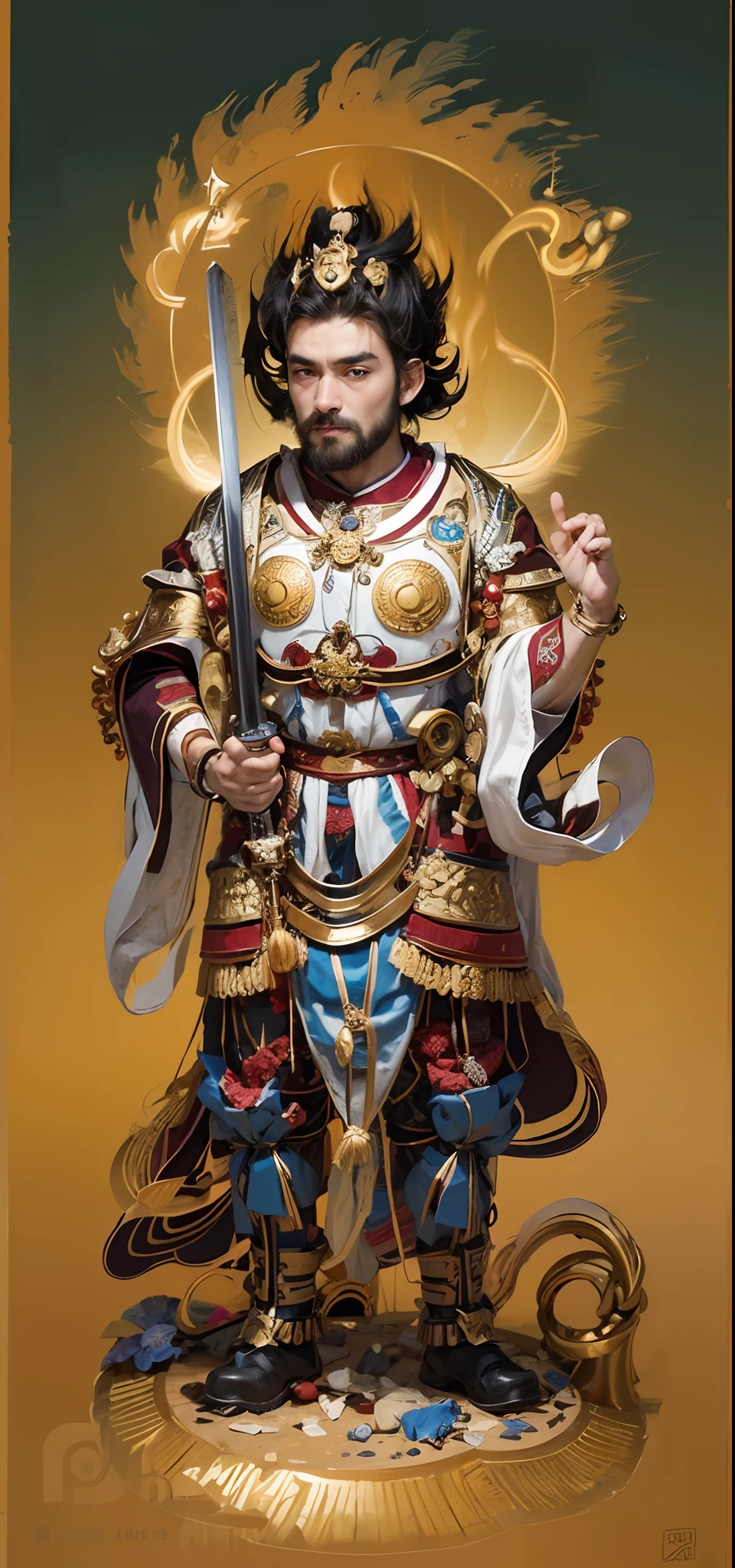 Handsome man, mythical character,King Tota,(((com um rosto quadrado))),nobles,The king,Shogun,One meter nine,small heads,long leges,Tall guy,com um rosto quadrado,Strong facial muscles,Avatar,red colored skin,Drink wine red skin,Peng Yuyan,(((little beard))),(((One hand holds the hilt of the sword:1.1))),(The head of the sword is up),(Long sword),Basketball player body proportions,Roman model,European people,looking toward the viewer,Blue pupil,The body is well-proportioned,Long legs,Straight back,Fitness trainer,Movie stars are glamorous,(((Heads-up))),Handsome,Westerners,muscular face,Muscular body,Perfect proportions,The muscles have expressions in both eyes,King Yan Luo stared ahead,(((Golden lotus throne))),The man wears a white shirt,(((Ancient Roman clothing))),silkouette,White yarn,There are muscles,(((Ancient Roman white clothes))),Shirtless,,(((Head background with round light))),(((Behind it is the sun))),(((The man emits a bright and dazzling light))),King Yan took away the metal weapon,Take the Skeleton Staff as an example,Barefoot on both feet,Step on the nasturtium,photorealestic,professional photoshooting,Realiy,超高分辨率,tmasterpiece,