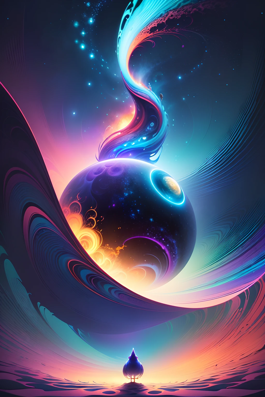 A deer standing on a moon shaped object in the sky and dreaming of electric sheep, blurry and dreamy illustration, calm night. Digital illustration, Blurred and dreamlike illustration, Amédée Ozenfant, dreamlike illustration, in astral plane)) ), colorful plane surreal ethereal, in cosmic realm, in surreal dreamy landscape, light shadows, waves, multiple layers, Foreground, vista, fractal thunder Dan Mumford, Dan Mumford and Alex Gray style, psychedelic surreal art, surreal psychedelic design, fantasy art style, illusion psychedelic art, infinite psychedelic waves , inspired by Cyril Rolando, real ripple structure, psychedelic art style, psychedelic art, psychedelic illustration -- V6