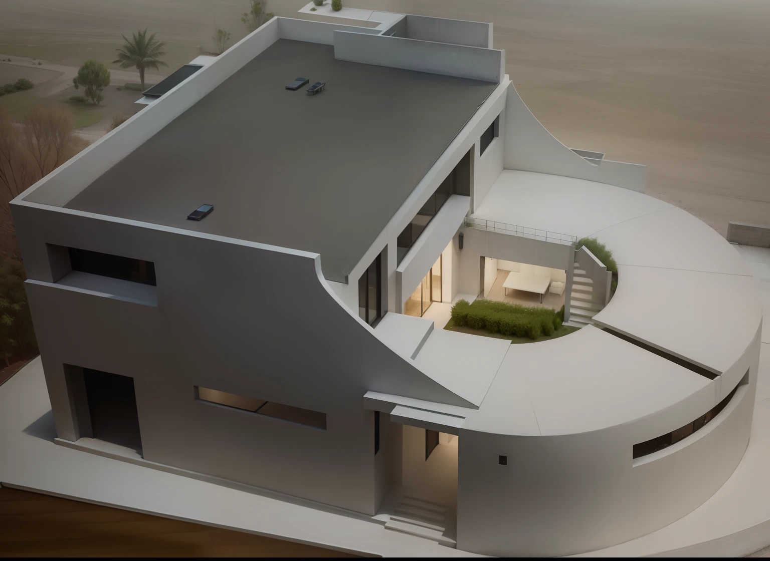 (Best Quality,4K,8K,hight resolution,masutepiece:1.2),Ultra-detailed,(Realistic,Photorealistic,Photorealsitic:1.37),Futuristic contemporary home, Dark concrete finish, Outside view, sleek design, Large floor-to-ceiling windows, a panoramic view, Shiny metal elements, Minimalist architecture, Sharp edges, Clean lines, Geometric shapes, Seamless integration with the environment, Architecture with courtyard, nature environment, Bright blue sky, and abundant natural light, Warm golden sunshine, dynamic compositions, High-tech materials, polished surfaces, The opening is glass, Sophisticated lighting, Dramatic shadows, Impeccable craftsmanship, Luxurious atmosphere, Invitation Entrance, Grand Entrance Door, wide々and open layouts, On the right is the outdoor terrace, Comfortable outdoor seating, Stylish outdoor furniture, The perfect balance between simplicity and elegance, striking contrast, Minimalistic color palette, Monochrome tone, Bold accents, Cutting-edge technology, Smart Home Systems, State-of-the-art appliances, evocative atmosphere, Contemporary Art Works, A harmonious blend of nature and modernity, Quiet and cozy atmosphere.Furniture is placed on the roof、courtyard、The background is a residential area、Harmonious interior、Stainless steel kitchen、There is a sofa on the right...、The surrounding area is a residential area、Streets full of greenery、T-path、There are roads。Midnight architecture、The lights in the house are on、No steps