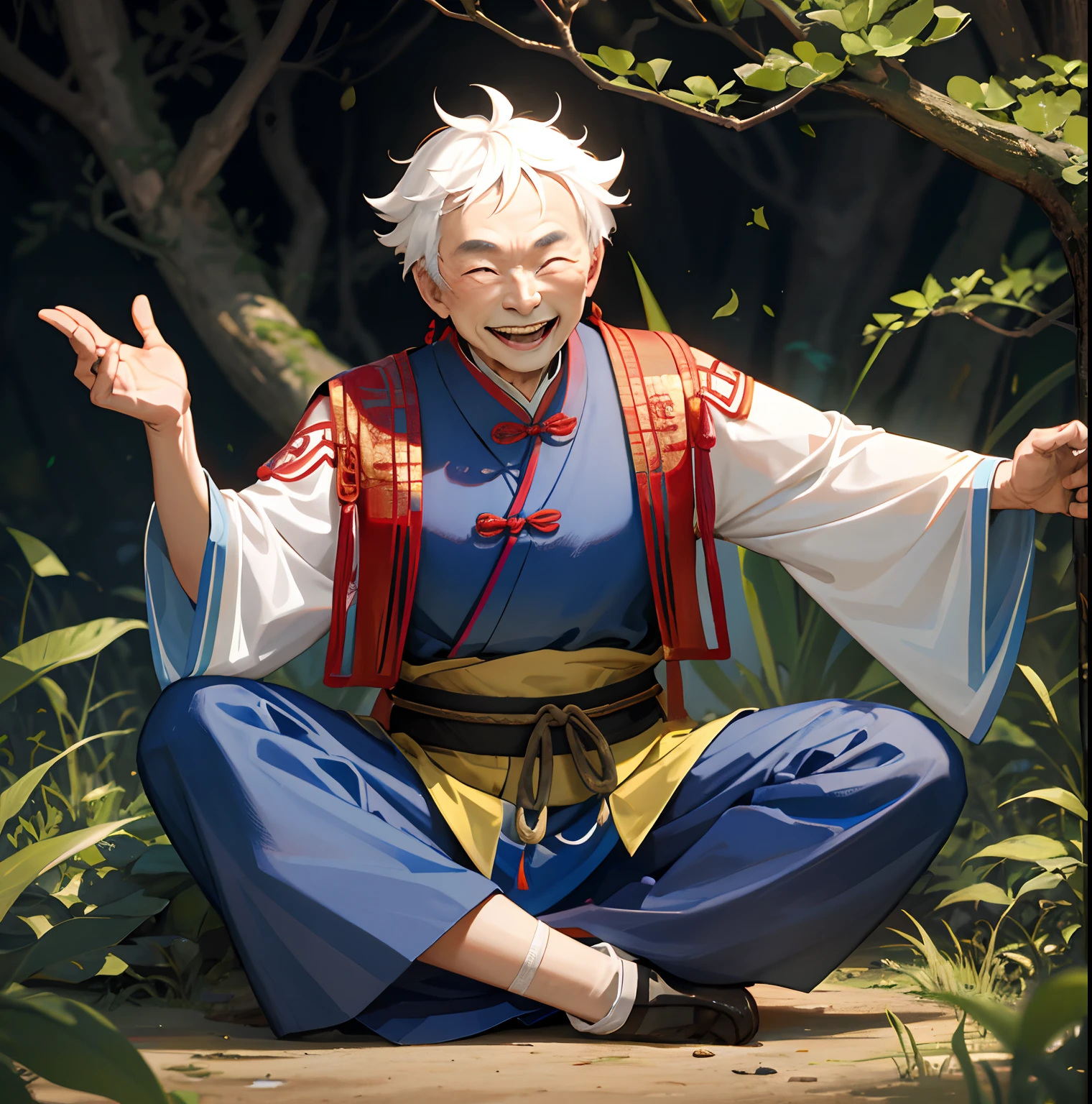 Ancient Chinese old man laughing happily in the woods