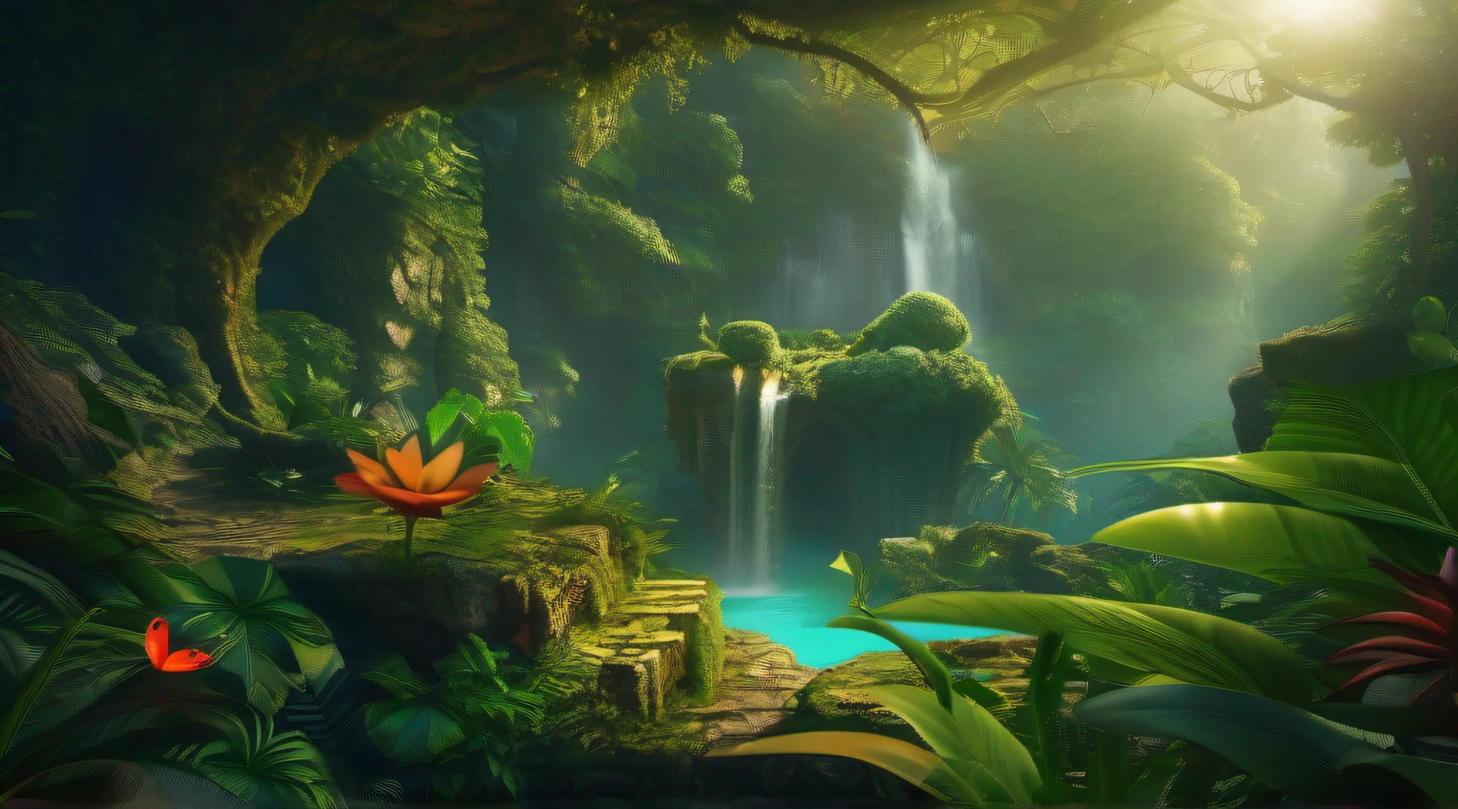 (beste-Qualit, 4k, 8k, highres, master piece : 1.2) ultra-detailed, (Realstic, photoreallistic, photo-realistic : 1.37), portraits, paysage, artistes concept, colourfull, Enchanted, illumination, Vibrating lighting, Surrealism of the jungle, magnifique verdure, Ethereal flora and fauna, mythical creatures, Hidden Treasures,whimsical atmosphere, Mysterious mist, Floating Islands, Sparkling waterfalls, golden sunlight filtering through the trees, vignes luxuriantes et feuillage, oiseaux exotiques aux plumes vibrantes, Emerald River flowing through the jungle, ruines anciennes couvertes de mousse, Decorative totems and statues,vue imprenable sur la jungle depuis une falaise, dappled light creating patterns on the forest floor, Surreal flowers and plants with unnatural colors, fantastic creatures blending into the surroundings, rays of sunlight piercing through the thick canopy,Un paradis tropical avec des piscines et des cascades cristallines, Peaceful serenity in the midst of vibrant chaos, Secret paths to hidden wonders.