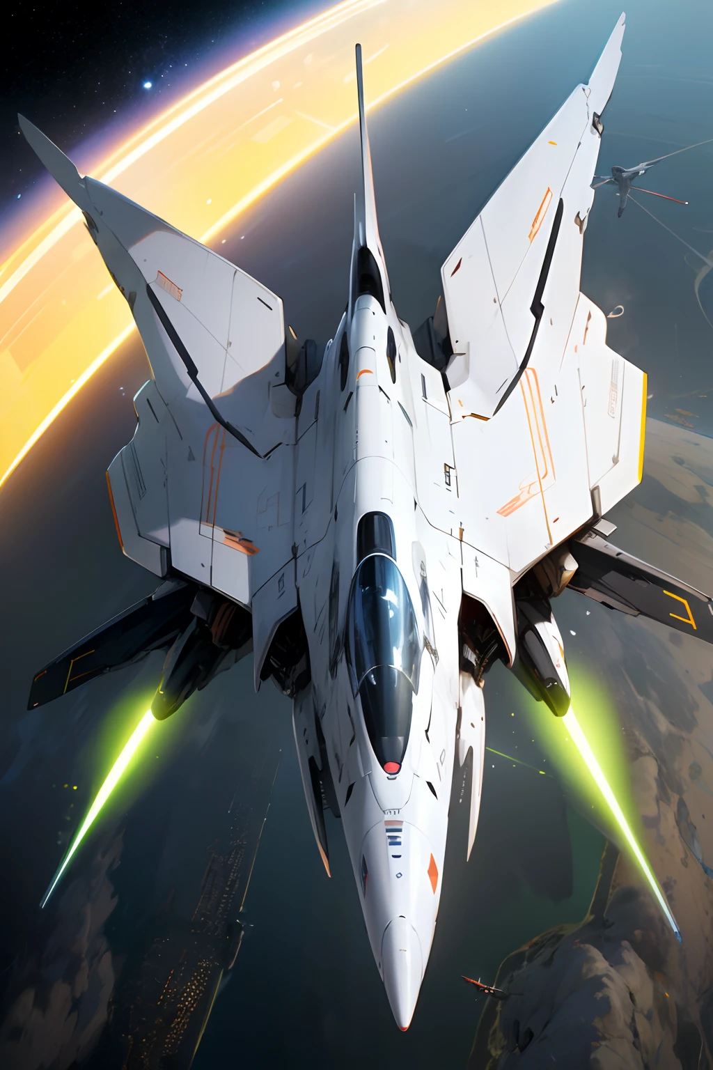 (best quality,4k,highres), (futuristic, sleek design:1.1), streamlined shape, easy maneuverability, white high-speed fuselage, (futuristic technology sensation:1.1), equipped with energy weapons and laser cannons, background is outer space, (bird's-eye view:1.1).