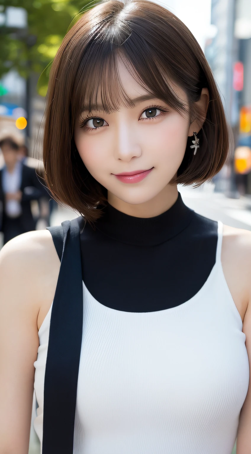 masutepiece, Best Quality, Illustration, Ultra-detailed, finely detail, hight resolution, 8K Wallpaper, Perfect dynamic composition, Beautiful detailed eyes, Women's Fashion Summer,Short bob hair,mid-chest, Natural Color Lip, Bold sexy poses,Smile,Harajuku、20 years girl、Cute、Sexy shot looking at camera