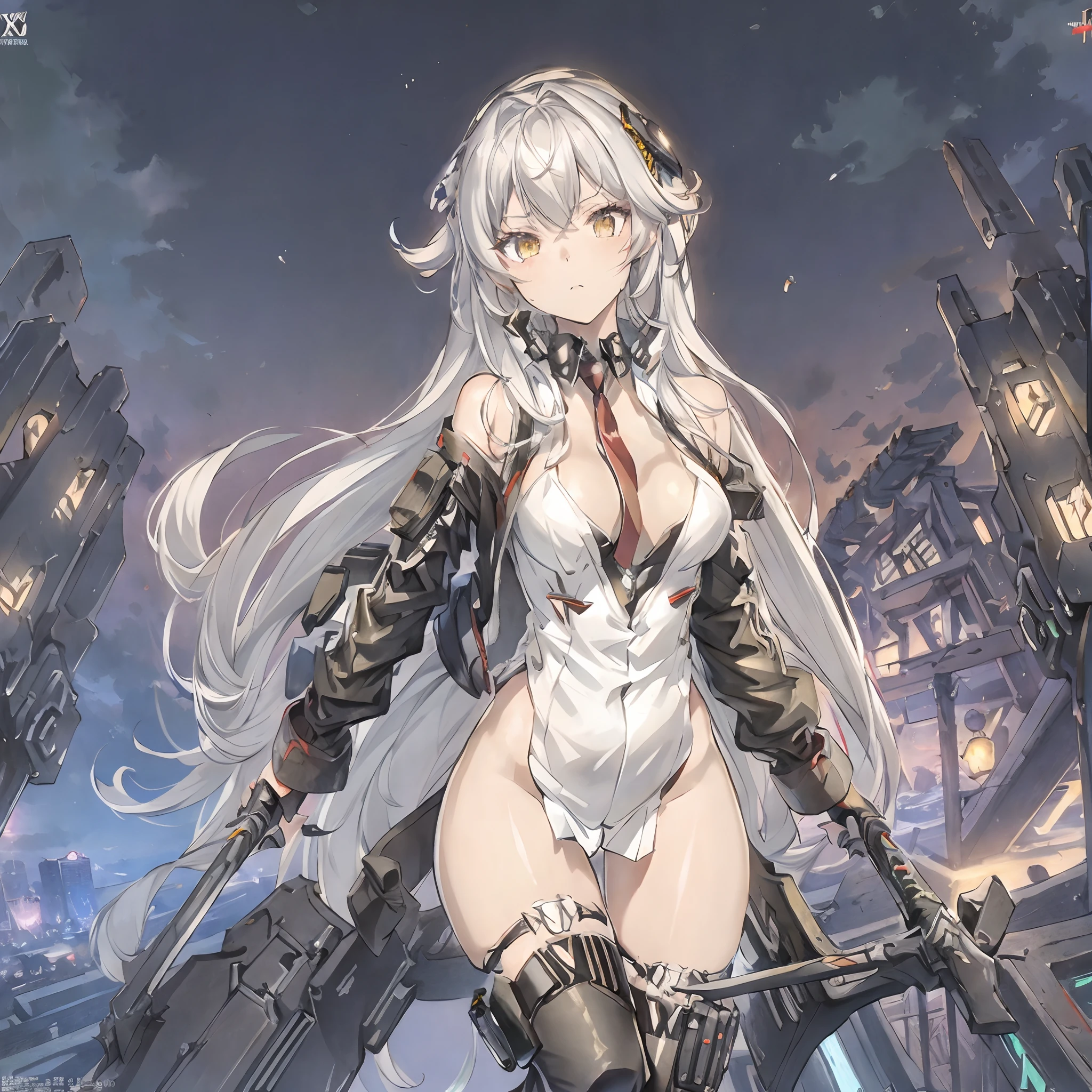 masterpiece, (best quality), (ultra-detailed), (ultra-realistic:1.2), landscape, sci-fi, transistorpunk, cyberpunk, biopunk, (magazine cover:1.4), (gray, white), lone female huge robot, mechanical angel wings on the back, angel wings, future town, dynamic pose, dynamic angle, small breasts, luxury, (gold, silver, green), neonmasterpiece, (best quality), (ultra-detailed), (ultra-realistic:1.2), landscape, sci-fi, transistorpunk, cyberpunk, biopunk, (magazine cover:1.4), (gray, white), 8k, UHD, The alone long waist white hair woman as the lone character as a magazine, yellow eyes, gold eyes, hair accessory, 2 hand, 5 finger, floating alone , high resolution, sci-fi city , Hyper detail mature face, black strapless bodysuit, white shirt, black panty, black jacket, black glove, ultra sharp, red necktie, black string full leg stocking, black string high thigh kneesock , exposed leg , black boot, feet visible, Hand Visible , twin sword, twin floating equipment, detail finger, 5 finger, Shooting pose,action pose,explosion effect, a determined expression on her face。