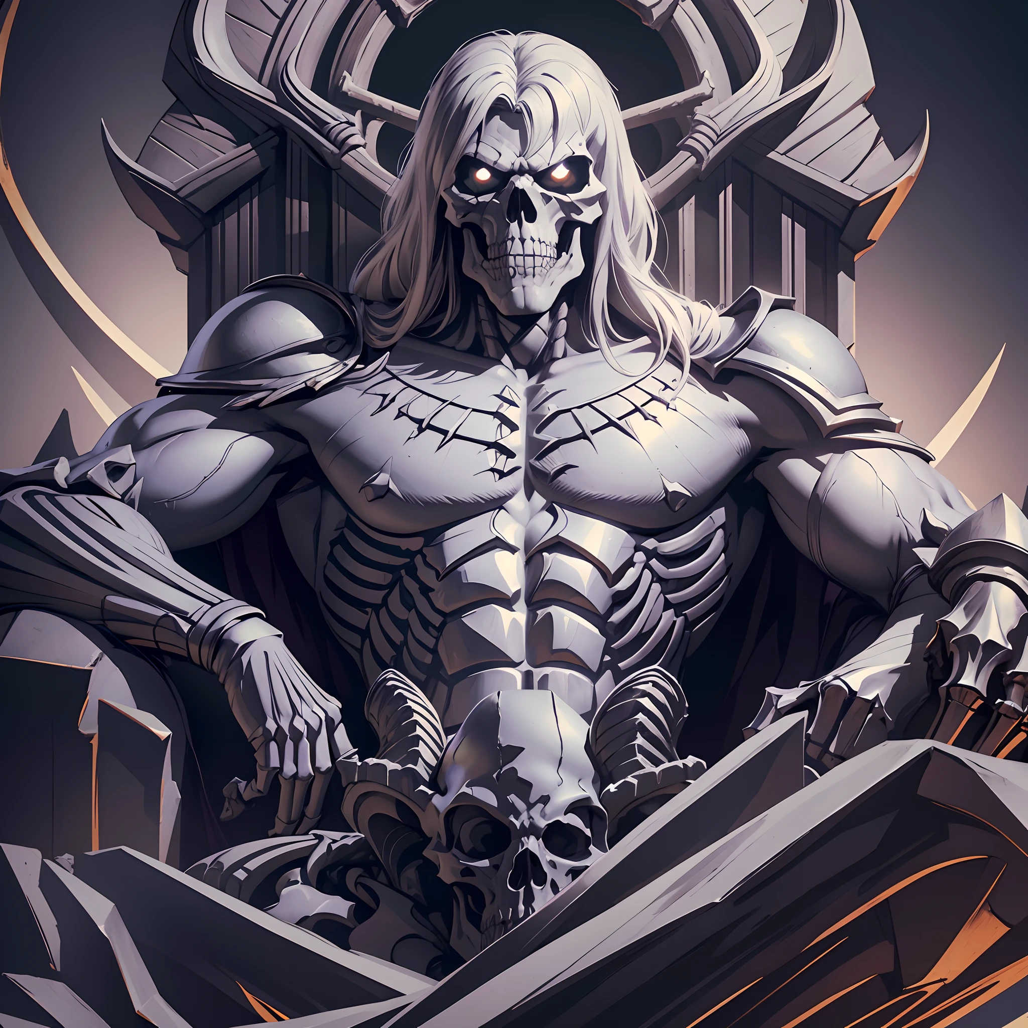 Create the enemy skeleton of He Man, sitting on a throne of bones, details, textures, shadows, depth, high definition image, cinematic image, realistic rendering,