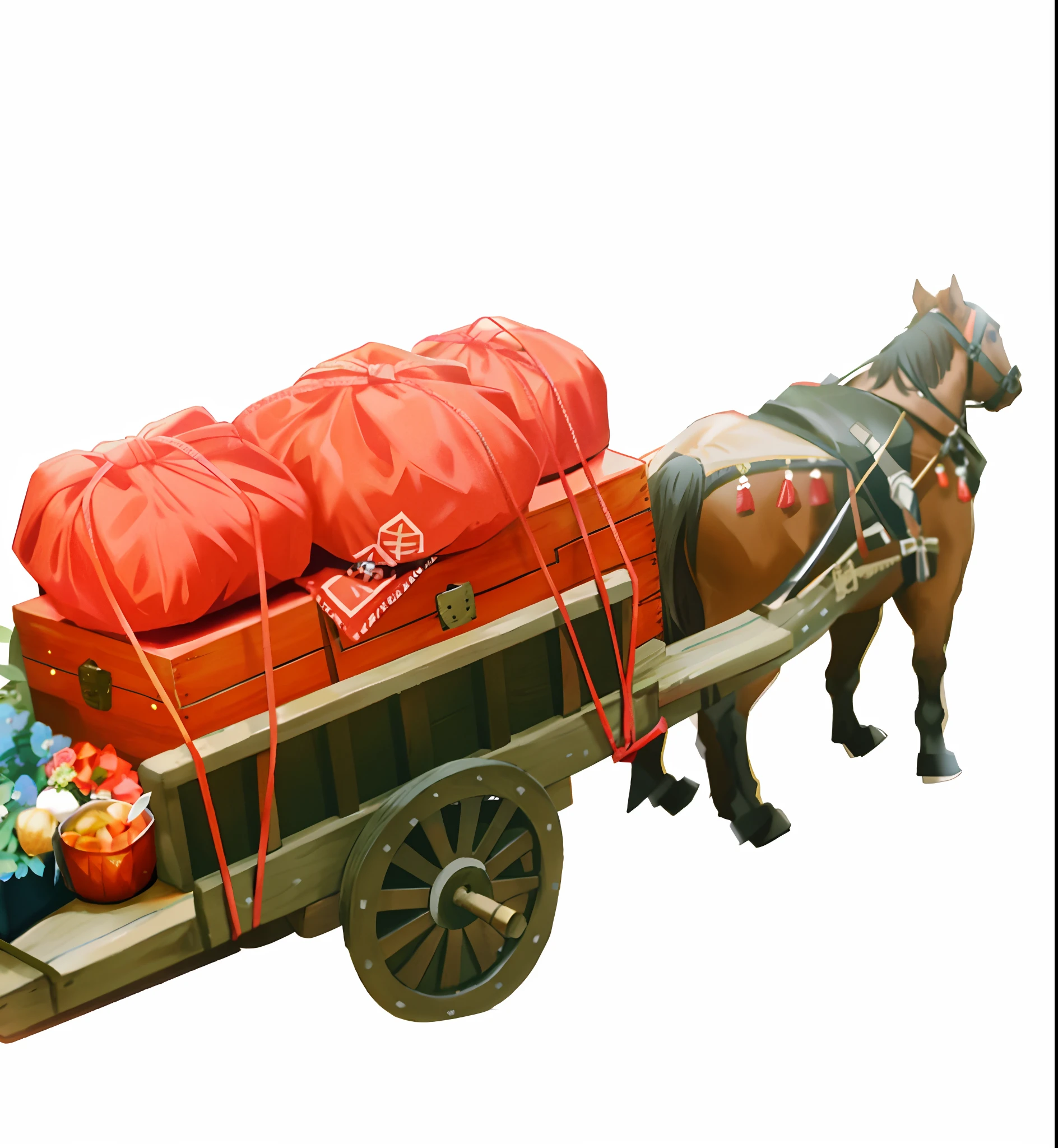 There is a horse-drawn horse，There are a bunch of bags on it,There are wooden boxes underneath， buggy, Wooden, Carriage with horses, Wooden carts， Oversized_hindquarters, mule, Cart, mine cart, a wooden log,
