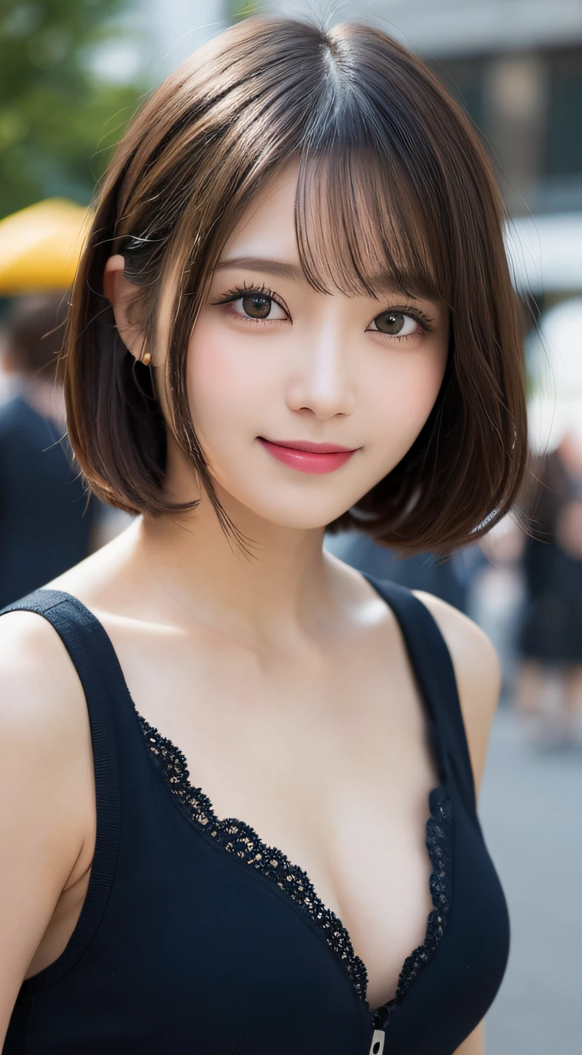 masutepiece, Best Quality, Illustration, Ultra-detailed, finely detail, hight resolution, 8K Wallpaper, Perfect dynamic composition, Beautiful detailed eyes, Women's Fashion Summer,Short bob hair,mid-chest, Natural Color Lip, Bold sexy poses,Smile,Harajuku、20 years girl、Cute、Sexy shot looking at camera