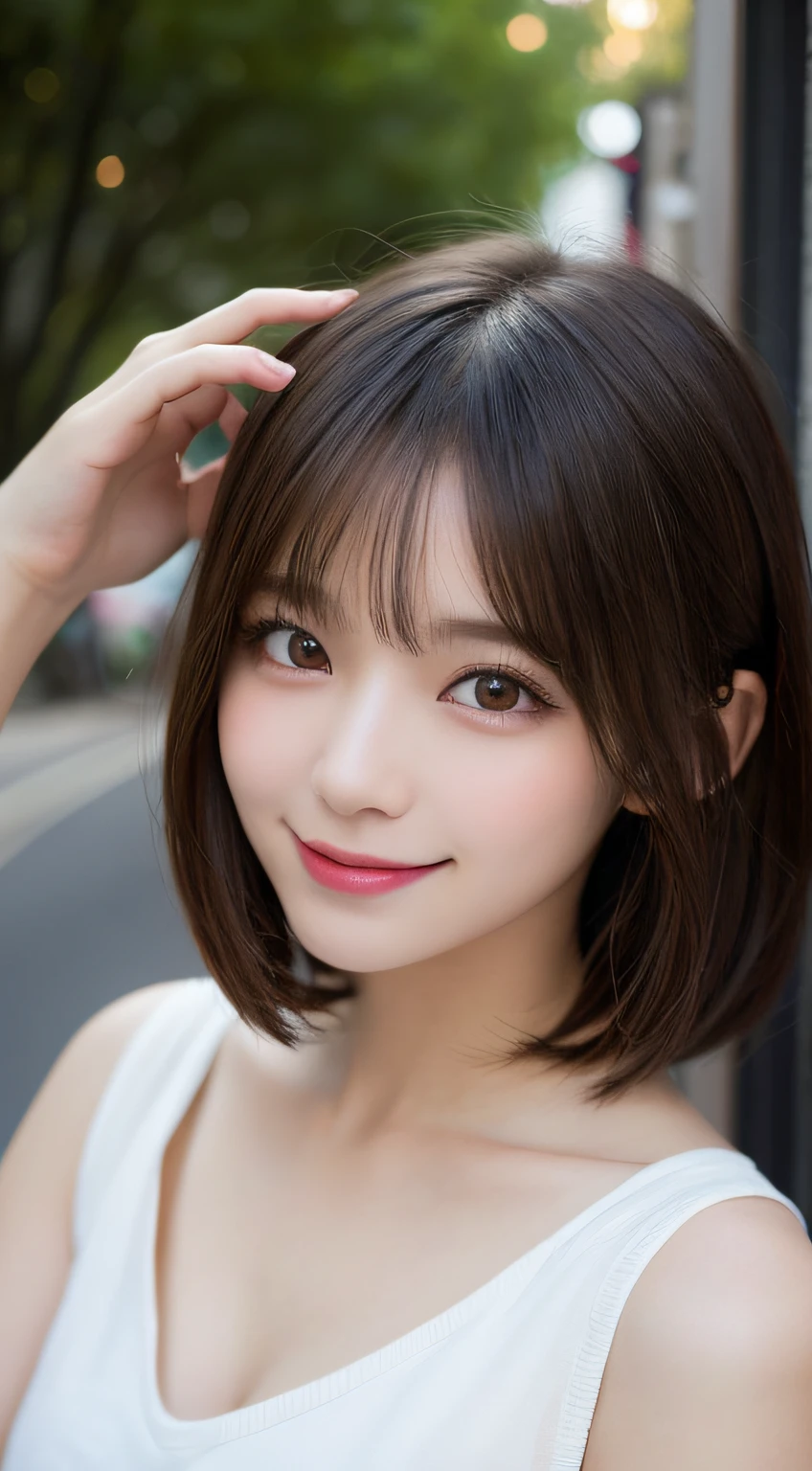 masutepiece, Best Quality, Illustration, Ultra-detailed, finely detail, hight resolution, 8K Wallpaper, Perfect dynamic composition, Beautiful detailed eyes, Women's Fashion Summer,Short bob hair,mid-chest, Natural Color Lip, Bold sexy poses,Smile,Harajuku、20 years girl、Cute、Sexy shot looking at camera