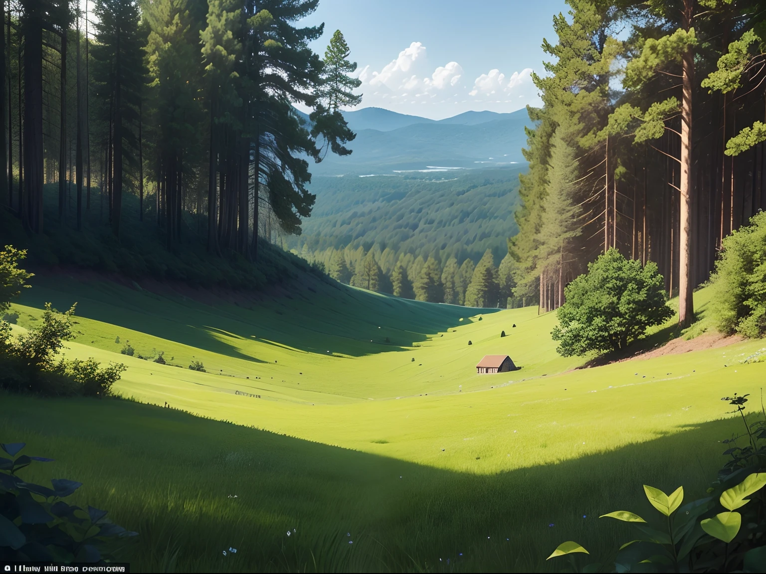 A very beautiful and natural picture of a wide and flat pasture, where 200 meters from the other side of the pasture there is a forest with a lot of trees on a hill, the picture should be completely natural and realistic, often the picture is composed of flat pasture, a limited number of beautiful villas. Can be seen scattered in the forest, the view of the forest is dense and dense, the pasture is completely flat and ready for construction, the camera view is very far, the image quality is 4K, the focus is very high, the details are very high, realistic, water nature and humid air, blue sky visible behind forest, no river, image taken with quadcopter at 45 degree angle.