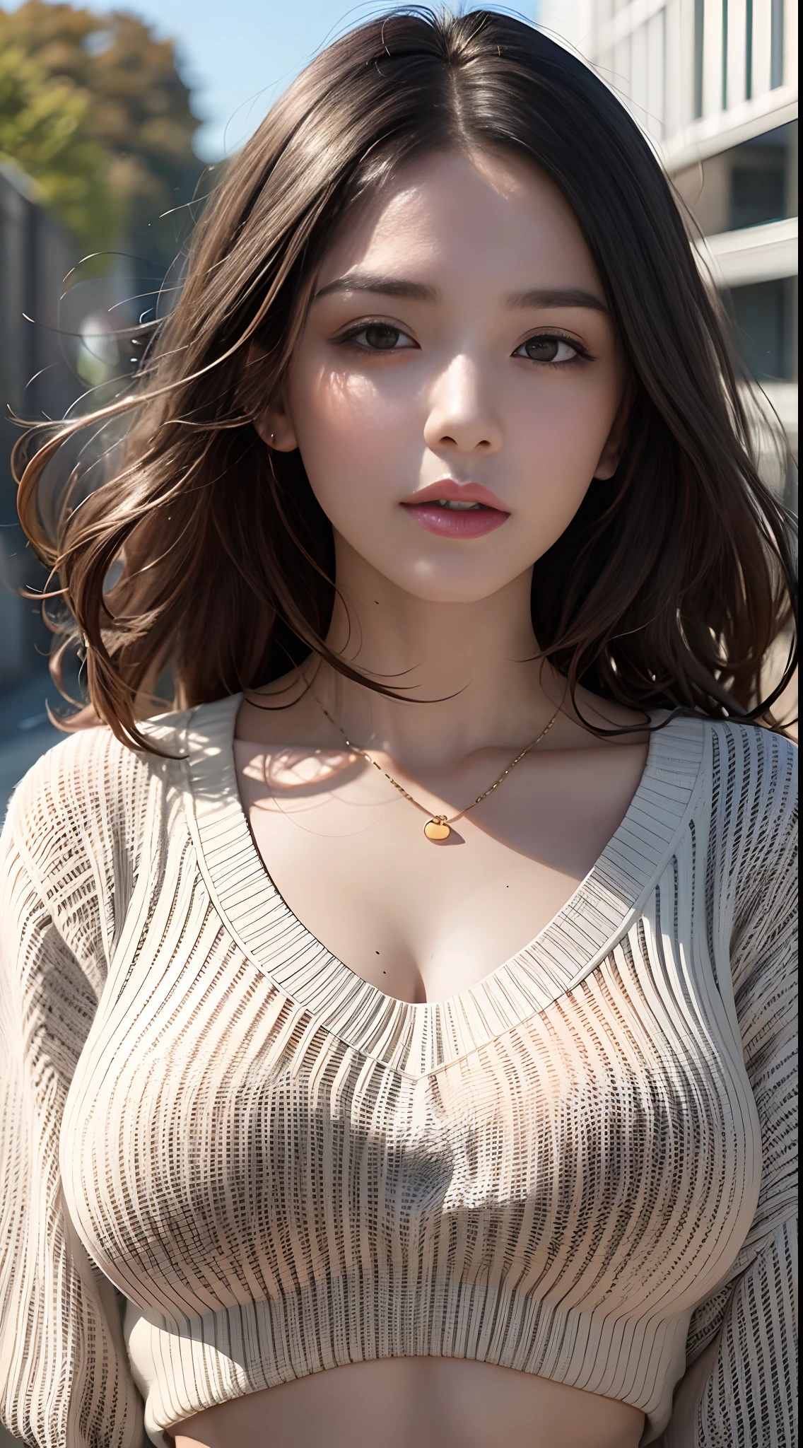 woman, Large breasts, facingviewer,fcPortrait, Cropped sweater, midriff, Sweater, 1girll, Detailed face, Suspended driveway, illustrated