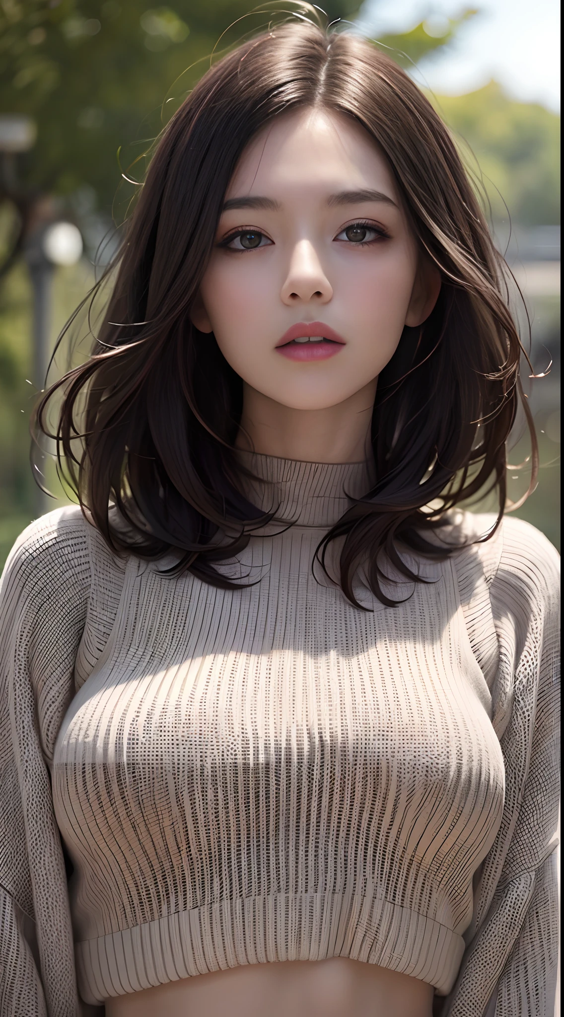 woman, Large breasts, facingviewer,fcPortrait, Cropped sweater, midriff, Sweater, 1girll, Detailed face, Suspended driveway, illustrated