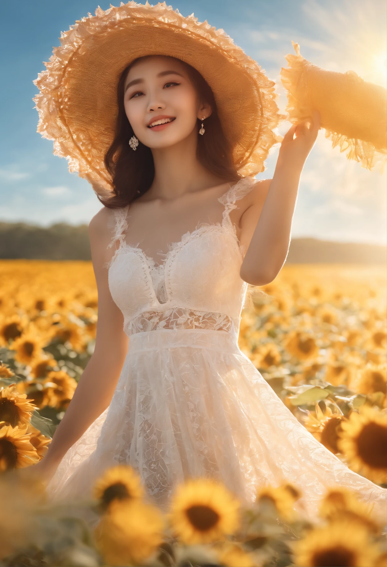 fuwa aika,1girl,solo, (White lace dress:1.2),flowing dress (sun visor hat:1.2), Sunflower field, under the sunlight, light smile,looking at viewer, wind, dynamic, strong light and shadow,dynamic pose,