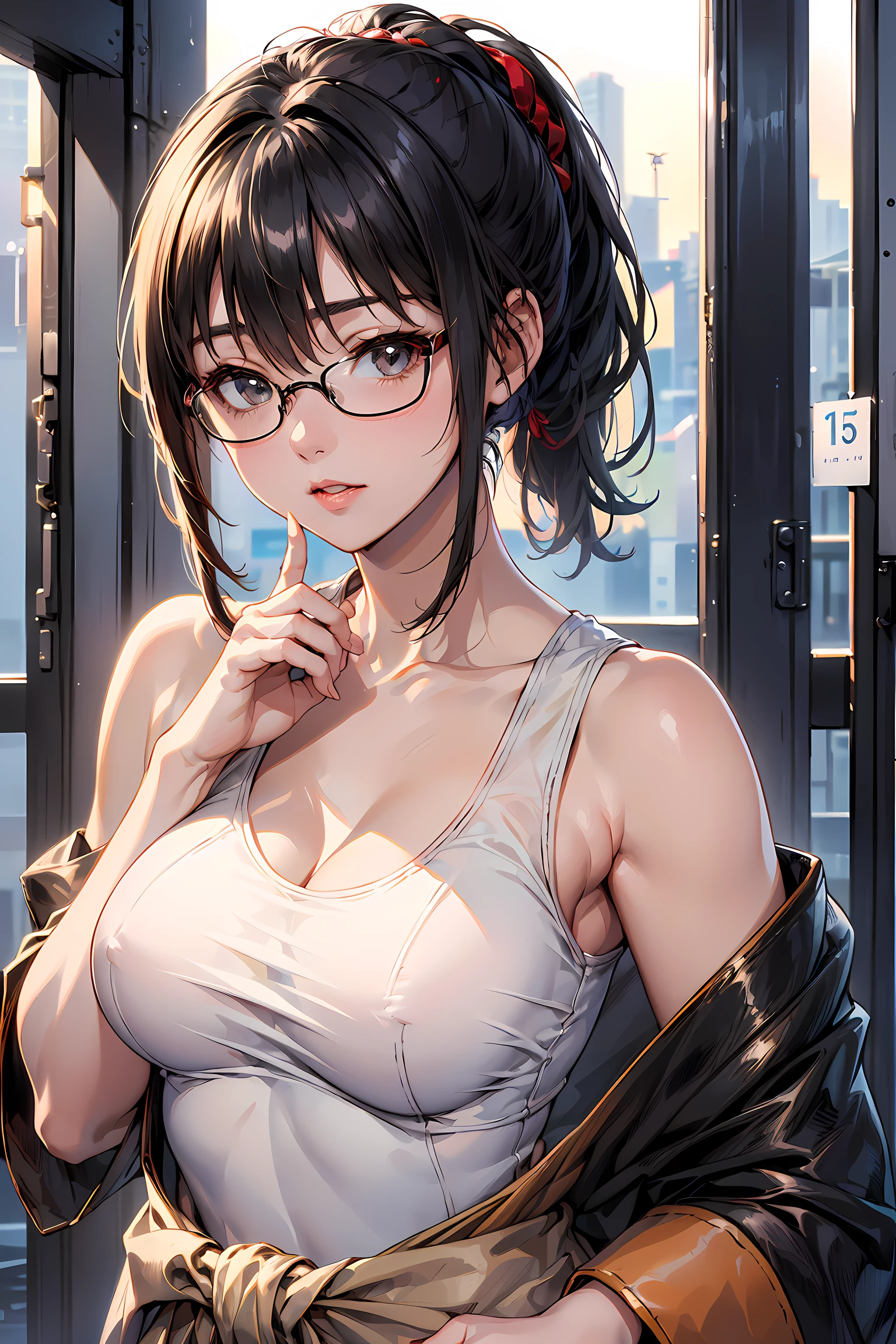 (1glasses girl:1.3, solo), (Audrey Hepburn:1.3), (a extremely pretty and beautiful Japanese woman), (sexy girl), (professional attire:1.3), (22 years old: 1.1), (walking on red carpet:1.3), (attractive random posing:1.3), (in the Tokyo sation:1.3), (looking straight at you:1.3), (starring at you:1.3), (front view:1.3), break, (ponytail:1.3), (shiny-black thin hair:1.2), bangs, dark brown eyes, beautiful eyes, princess eyes, (big eyes:1.3), bangs, wearing a glasses:1.3, Hair between eyes, short hair:1.3, (slender:1.1), (small-medium-breasts:0.95), (thin waist: 1.15), (detailed beautiful girl: 1.4), Parted lips, Red lips, full-make-up face, (shiny skin), ((Perfect Female Body)), (upper body image:1.3), Perfect Anatomy, Perfect Proportions, (most beautiful Korean actress face:1.3, extremely cute and beautiful Japanese actress face:1.3), BREAK, (View viewer, wearing a lovely bitch coordinate, (insanely detailed white cotton tanktop:1.3), (beige leather skin pants:1.3), (pin-heels:1.3), detailed clothes, BREAK, (detailed Tokyo sation background:1.2), (Studio soft lighting: 1.3), (fake lights: 1.3), (backlight: 1.3), BREAK, (Realistic, Photorealistic: 1.37), (Masterpiece, Best Quality: 1.2), (Ultra High Resolution: 1.2), (RAW Photo: 1.2), (Sharp Focus: 1.3), (Face Focus: 1.2), (Ultra Detailed CG Unified 8k Wallpaper: 1.2), (Beautiful Skin: 1.2), (pale Skin: 1.3), (Hyper Sharp Focus: 1.5), (Ultra Sharp Focus: 1.5), (Beautiful pretty face: 1.3), (super detailed background, detail background: 1.3), Ultra Realistic Photo, Hyper Sharp Image, Hyper Detail Image,