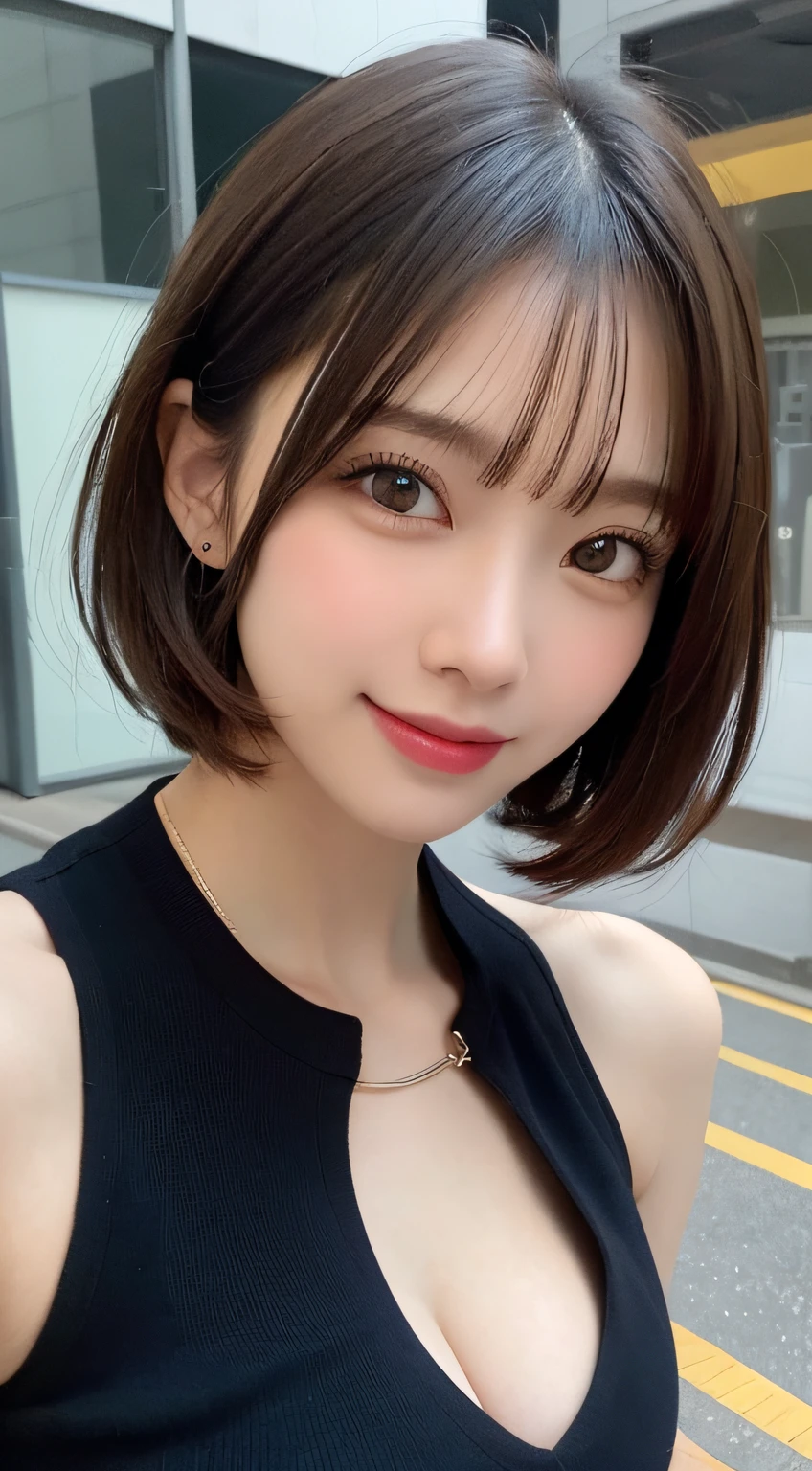 masutepiece, Best Quality, Illustration, Ultra-detailed, finely detail, hight resolution, 8K Wallpaper, Perfect dynamic composition, Beautiful detailed eyes, Women's Fashion Summer,Short bob hair,mid-chest, Natural Color Lip, Bold sexy poses,Smile,Harajuku、20 years girl、Cute、Sexy shot looking at camera