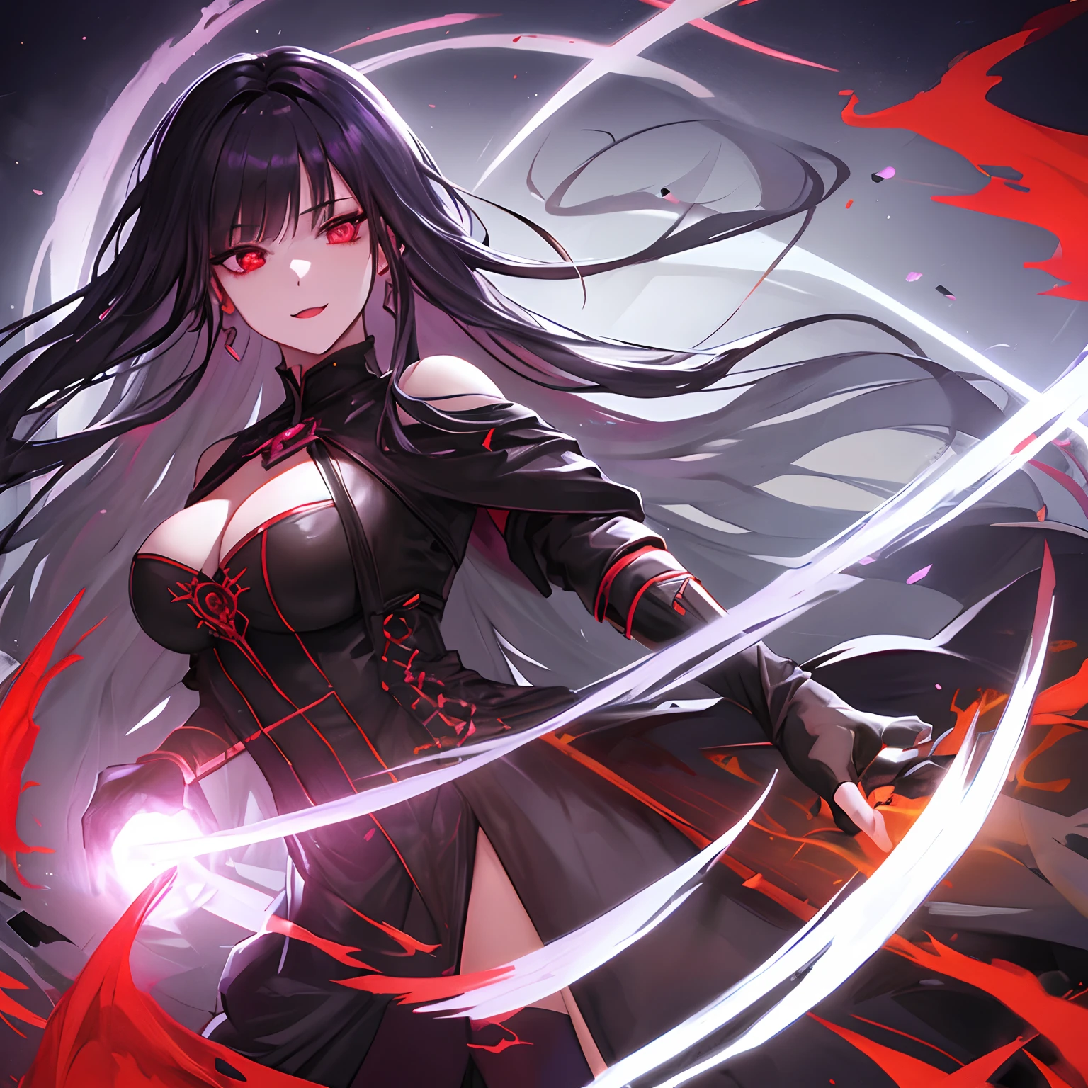 Woman, long dark purple hair, red eyes with a bright light, black long open dress, witch, silver jewelry in the shape of ribs, metal mask on half of the face, black lipstick