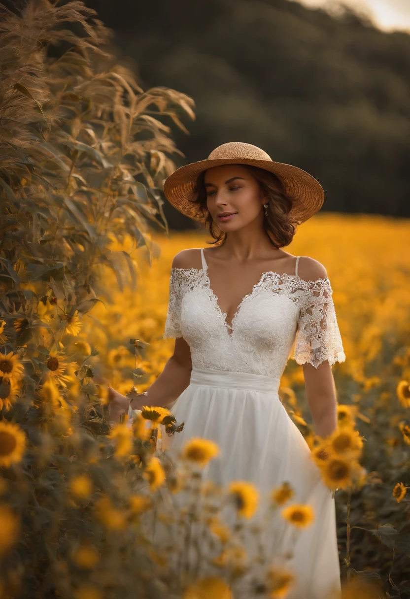 Fuwa Love Car,1girll,Solo, (White lace dress:1.2),floating dress (sunhat:1.2), Sunflower field, Under the sunlight, Light smile,view the viewer, Wind, Dynamic, Strong light and shadow,Dynamic pose,