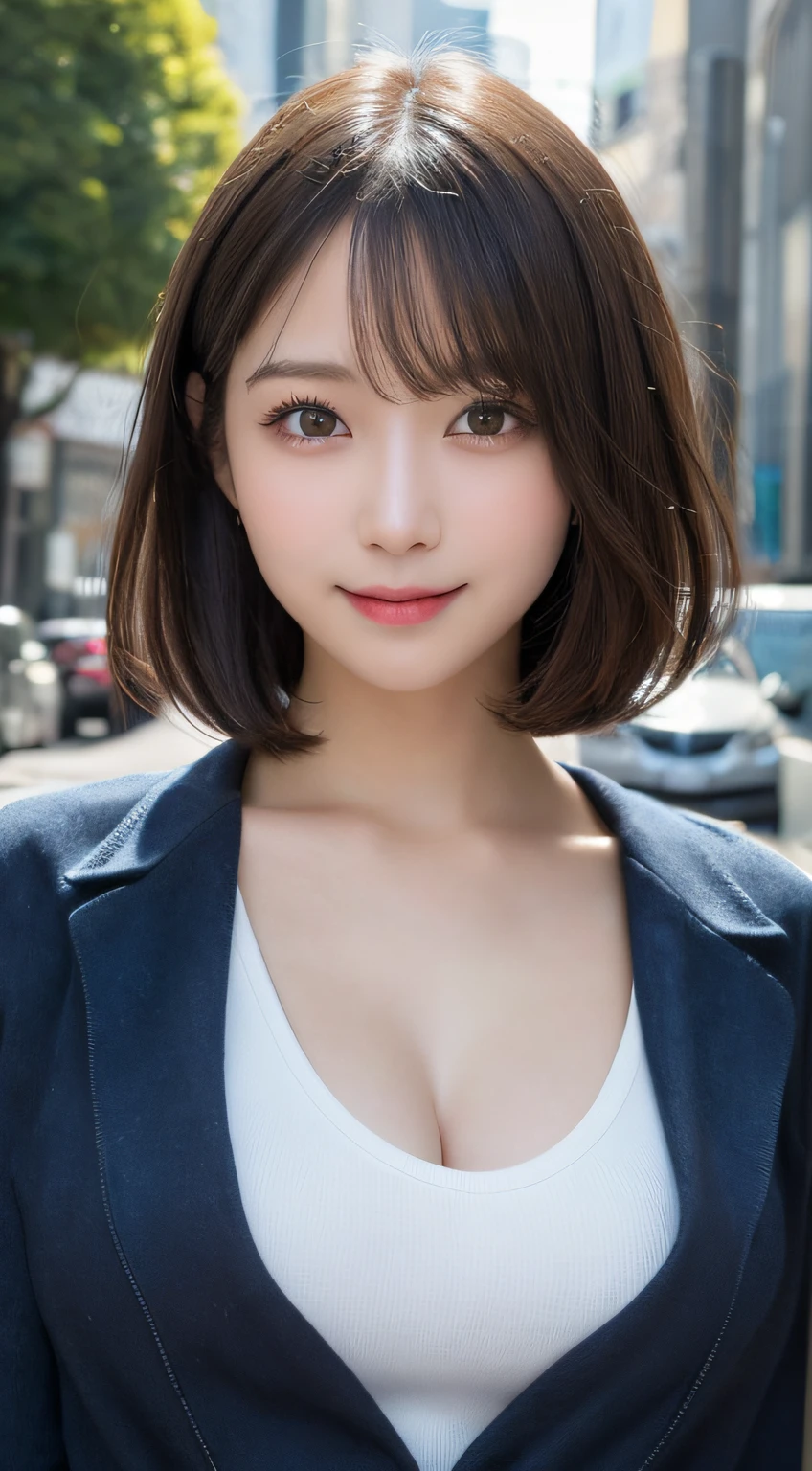 ((highest quality、Masterpiece、High resolution))、(((Zoom photo of upper body)))、(A shy smile:1.2)、One 15-year-old female、Beautiful Skin、Beautiful Eyes、Large Breasts、blazer、shirt、Blonde Hair、Trimmed bangs、Short Bob