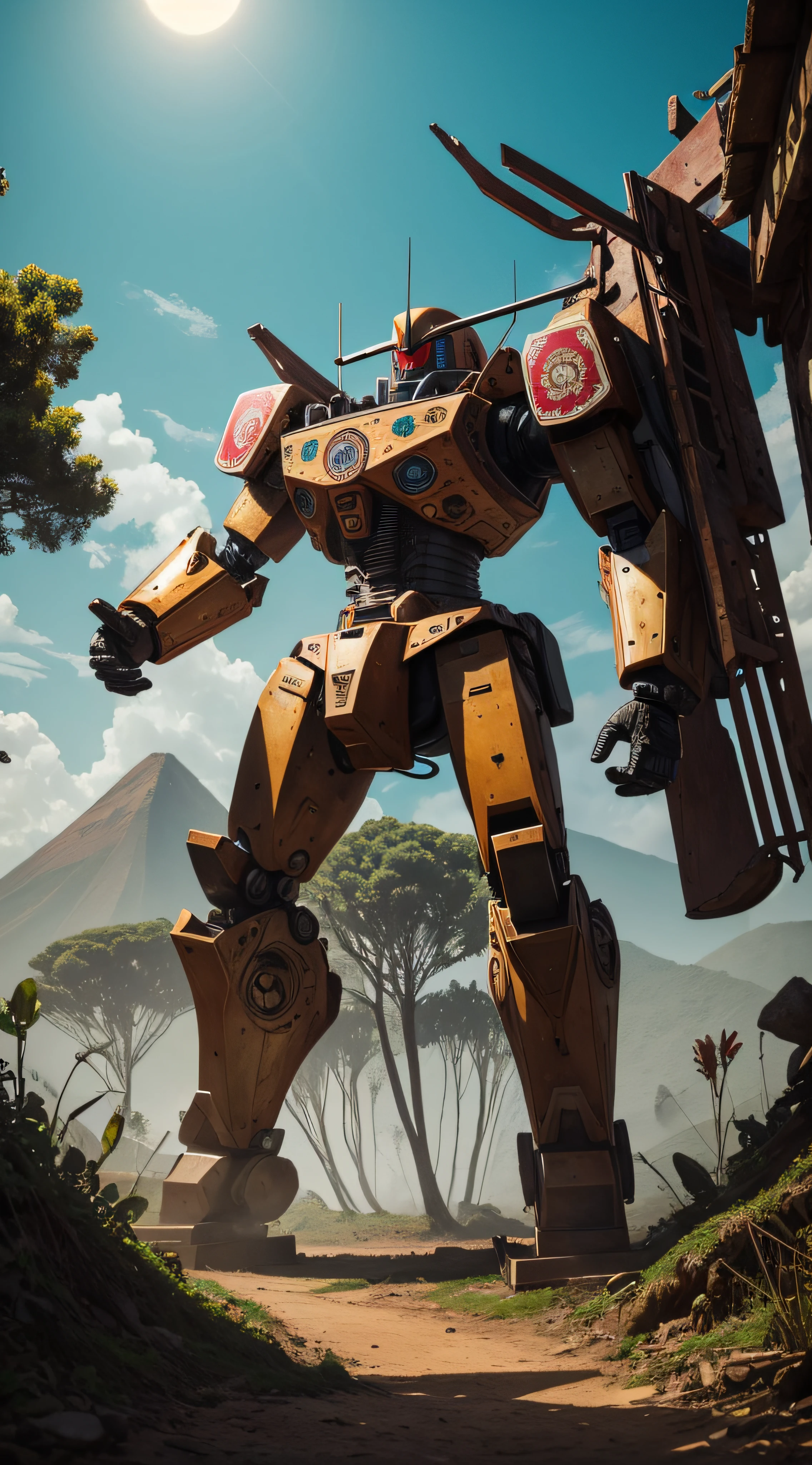 (extremadamente detallado, obra maestra, La mejor calidad, foto antigua, principios de siglo, VHS Aesthetics) Great retro robot with blood in robotic hands. Armas grandes, cannons on his back. motosierras. In the middle of a strange jungle. Vegetables from another dimension. Epic flowers far away, organic trees with meat. Luz noche.