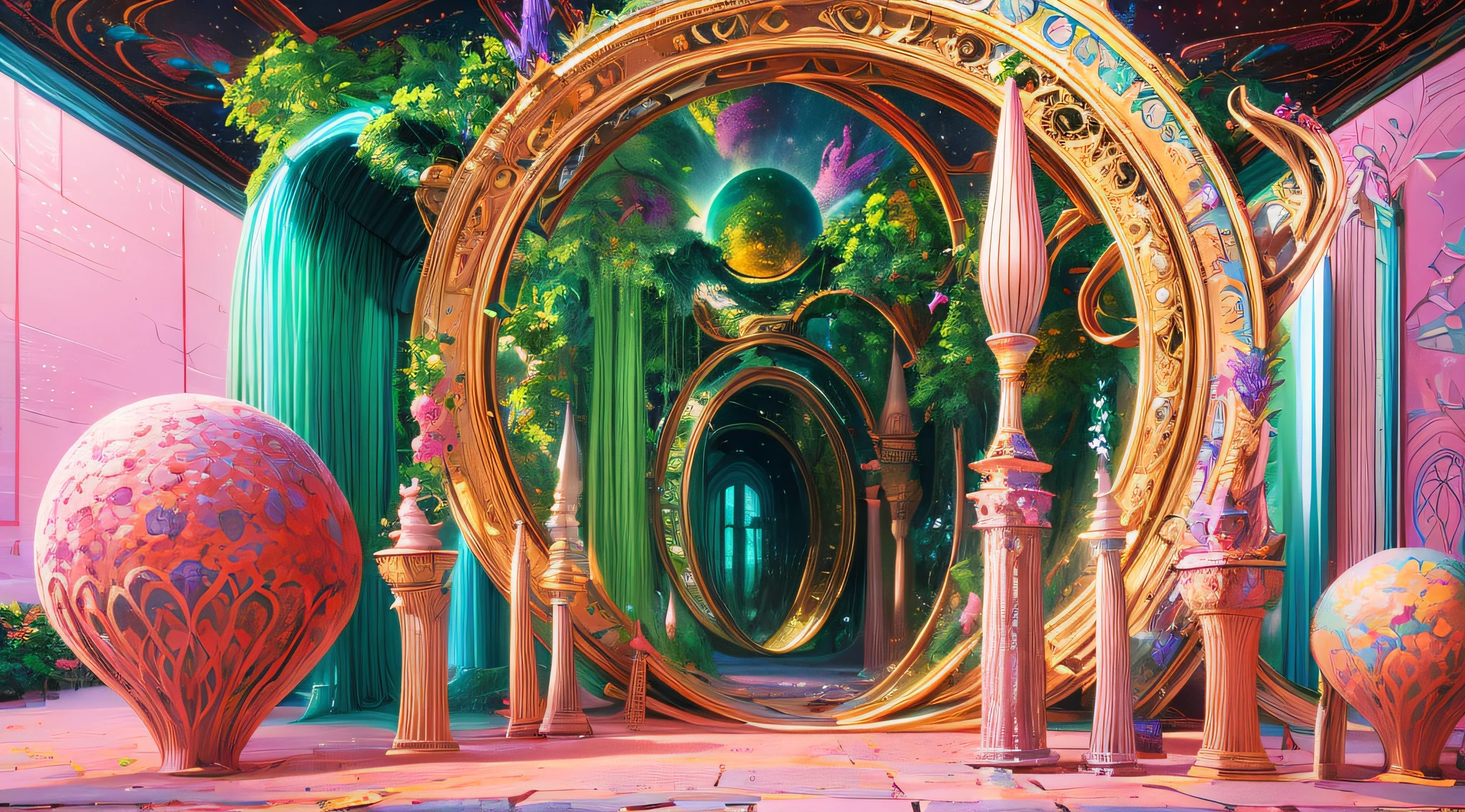 An otherworldly dreamscape, the entrance to the museum on femininity is a surreal gateway, adorned with floating feminine symbols, as it swings open, it releases a cascade of vibrant colors and shapes into the cosmic void, evoking a sense of surreal wonder, 3D art, digital rendering