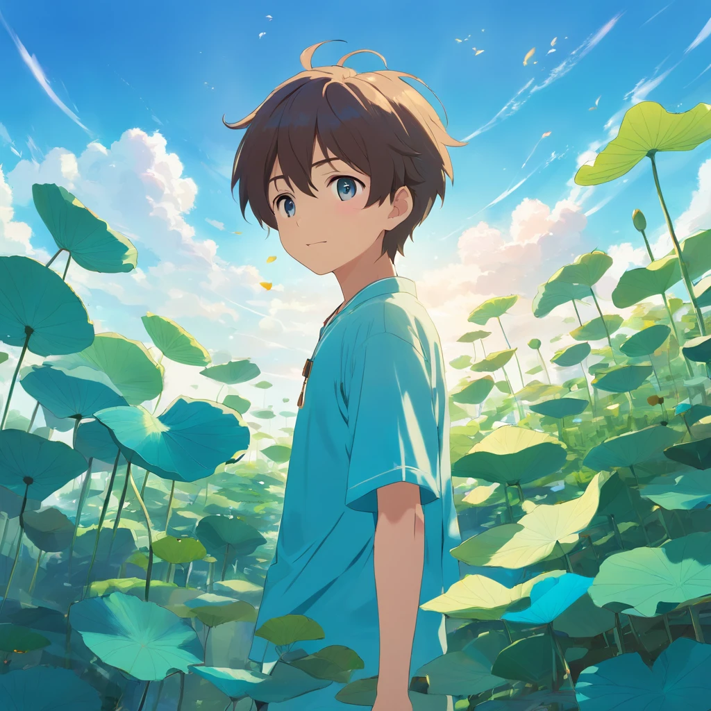 Sky blue sky with turquoise lotus leaves，Cute anime  boy，Laugh heartily among the lotus bushes，Department of Healing