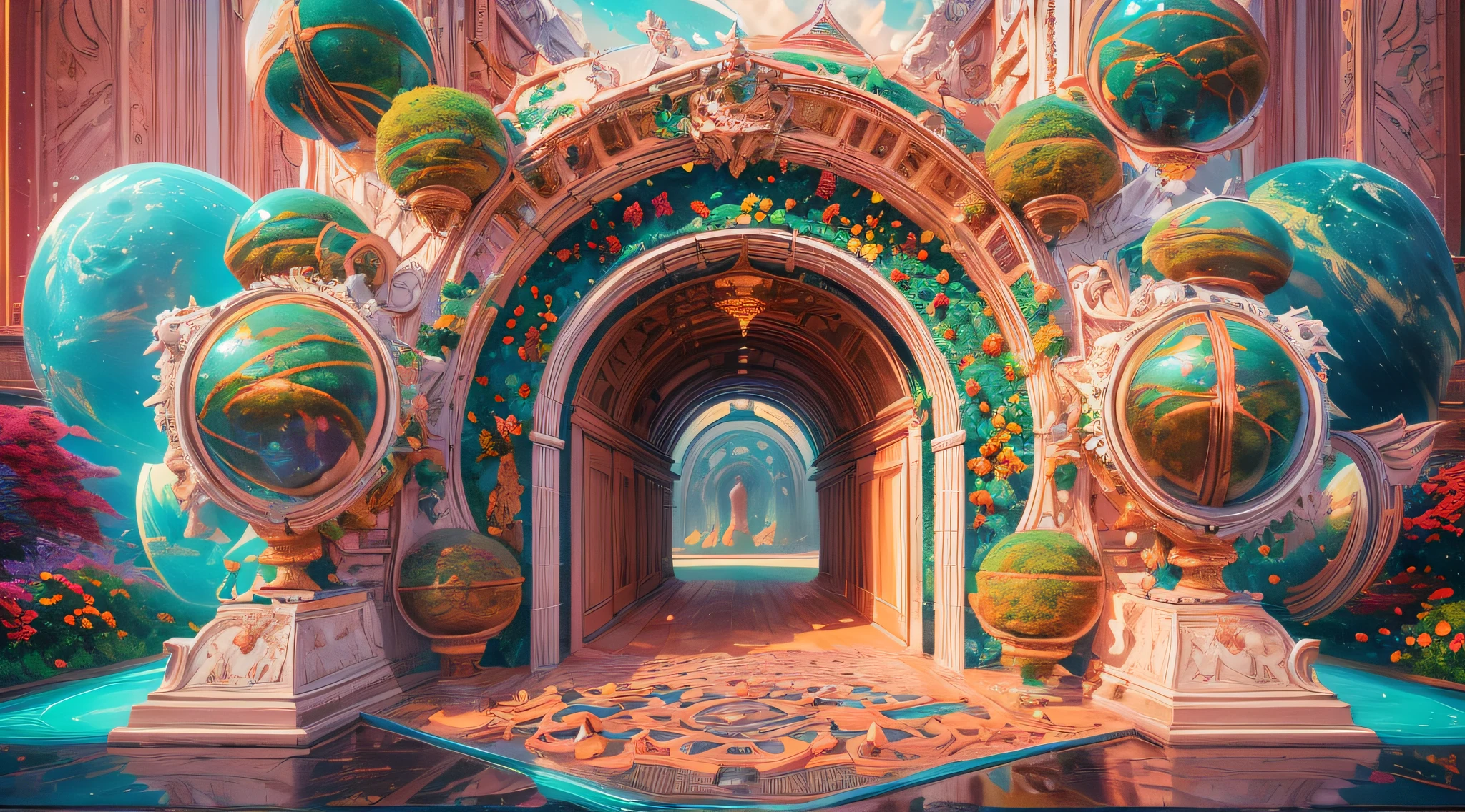 An otherworldly dreamscape, the entrance to the museum on femininity is a surreal gateway, adorned with floating feminine symbols, as it swings open, it releases a cascade of vibrant colors and shapes into the cosmic void, evoking a sense of surreal wonder, 3D art, digital rendering