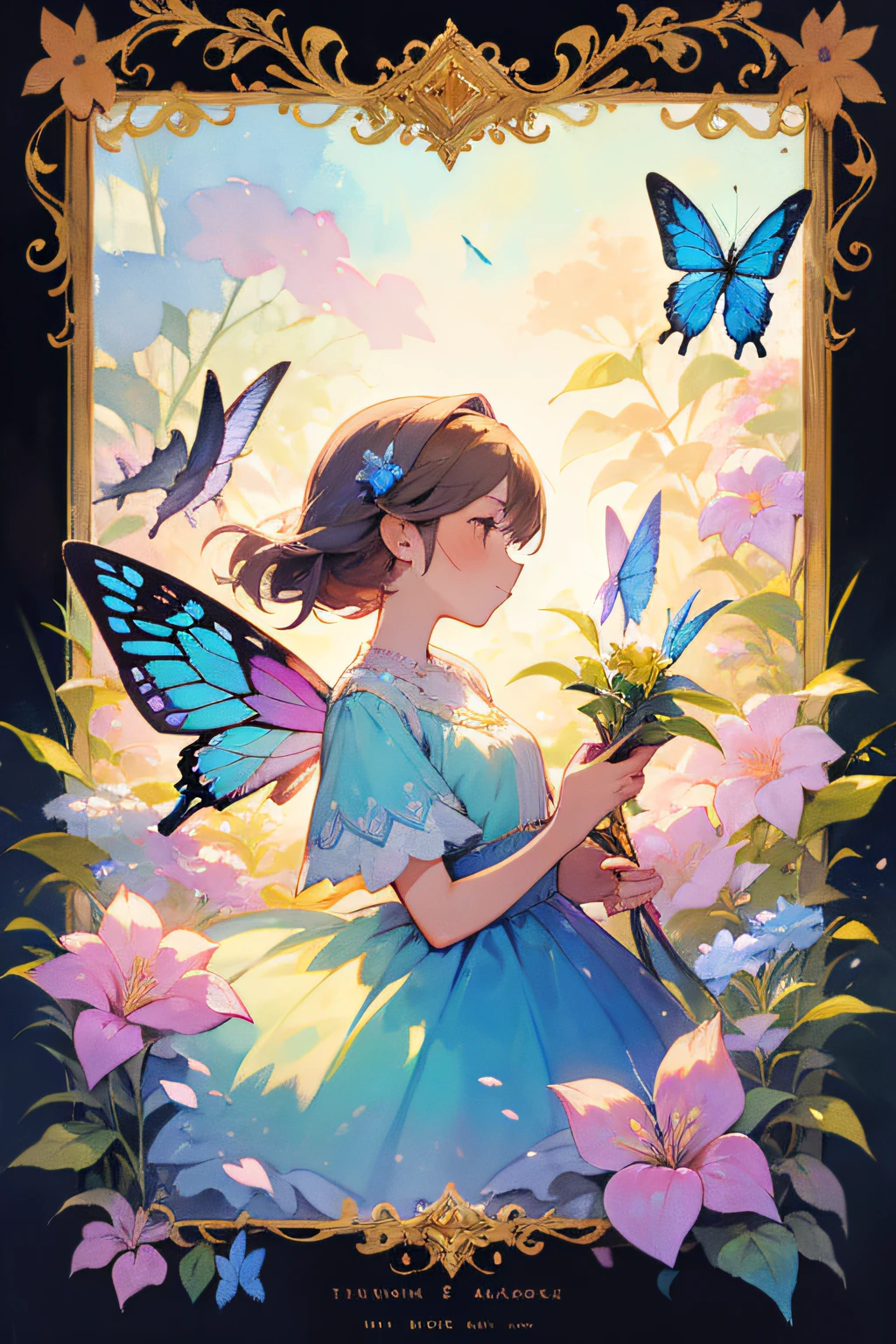 A beautiful girl in a fairy costume, surrounded by flowers and butterflies. Content: watercolor painting. Style: whimsical and delicate, like a children’s book illustration.