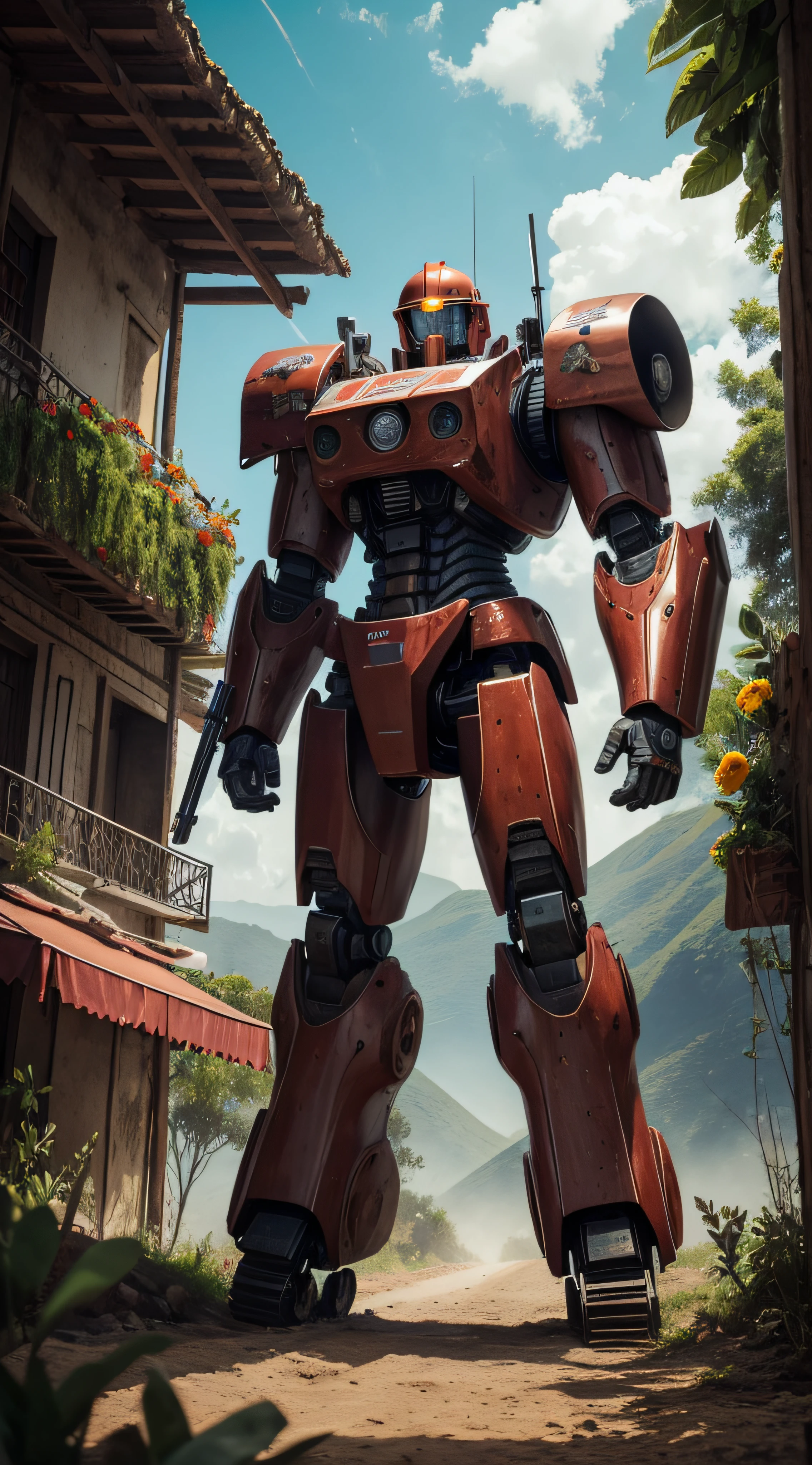 (extremadamente detallado, obra maestra, La mejor calidad, foto antigua, principios de siglo, VHS Aesthetics) Great retro robot with blood in robotic hands. Armas grandes, cannons on his back. motosierras. In the middle of a strange jungle. Vegetables from another dimension. Epic flowers far away, organic trees with meat. Luz noche.